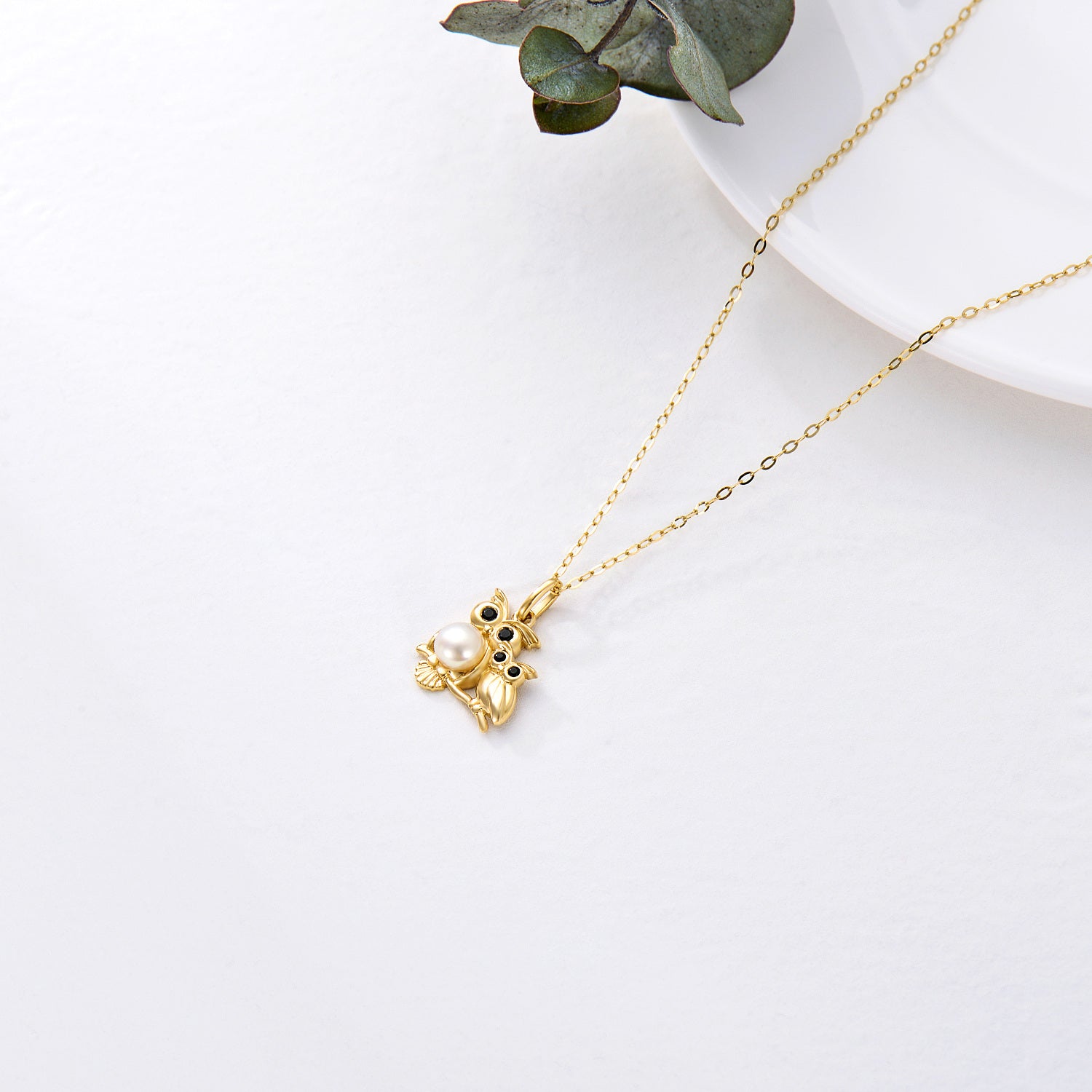 14K Gold Pearl Owl Pendant Necklace