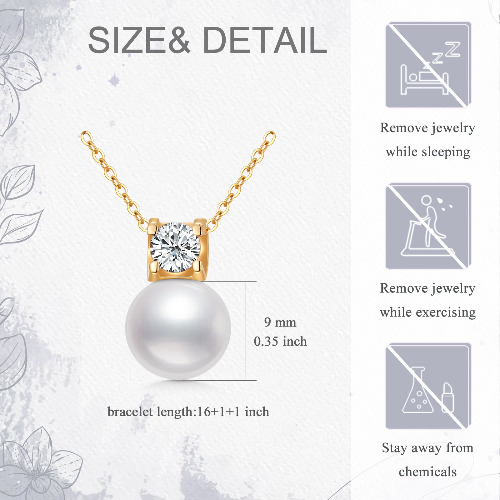 14K Gold Pearl Pendant Necklace with Princess Cut Moissanite