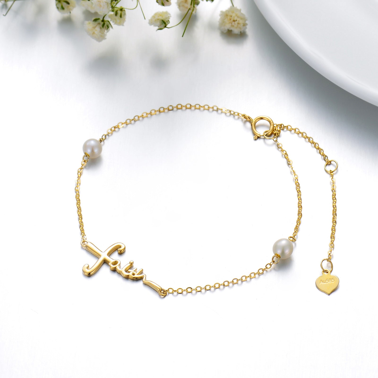 14K Gold Pearl Personalized Engraving Bracelet for Women