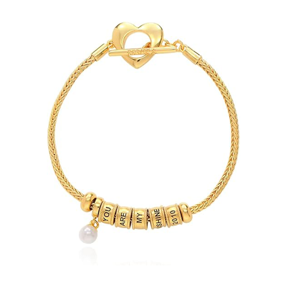 14K Gold Pearl Personalized Engraving Charm Bracelet for Women
