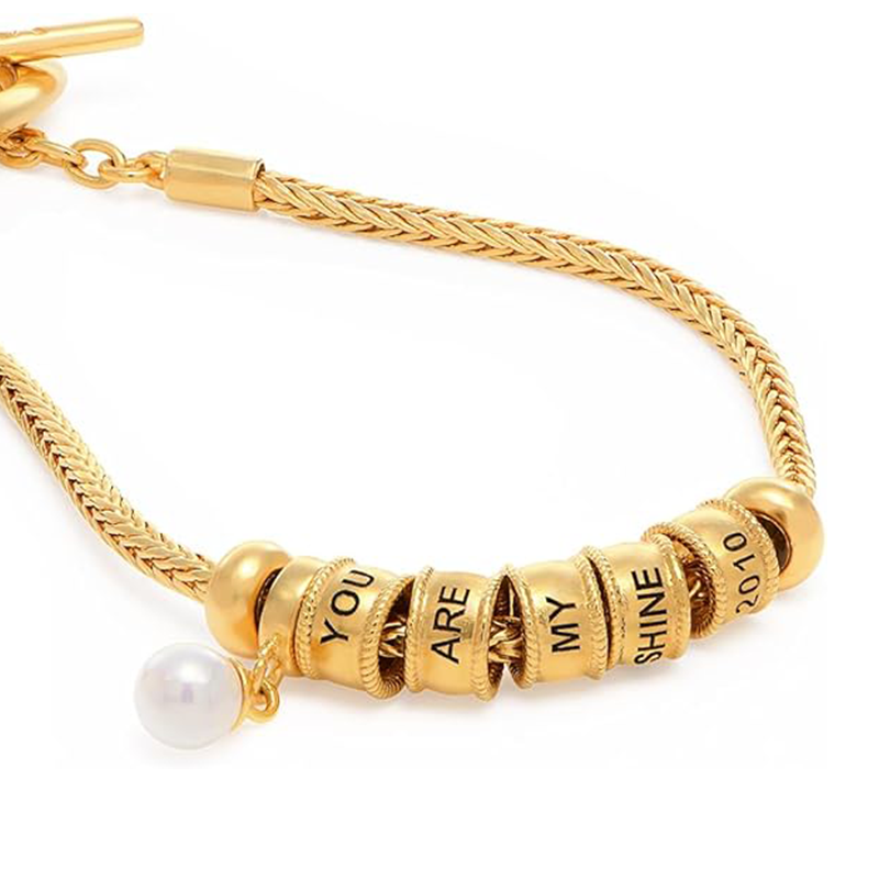 14K Gold Pearl Personalized Engraving Charm Bracelet for Women