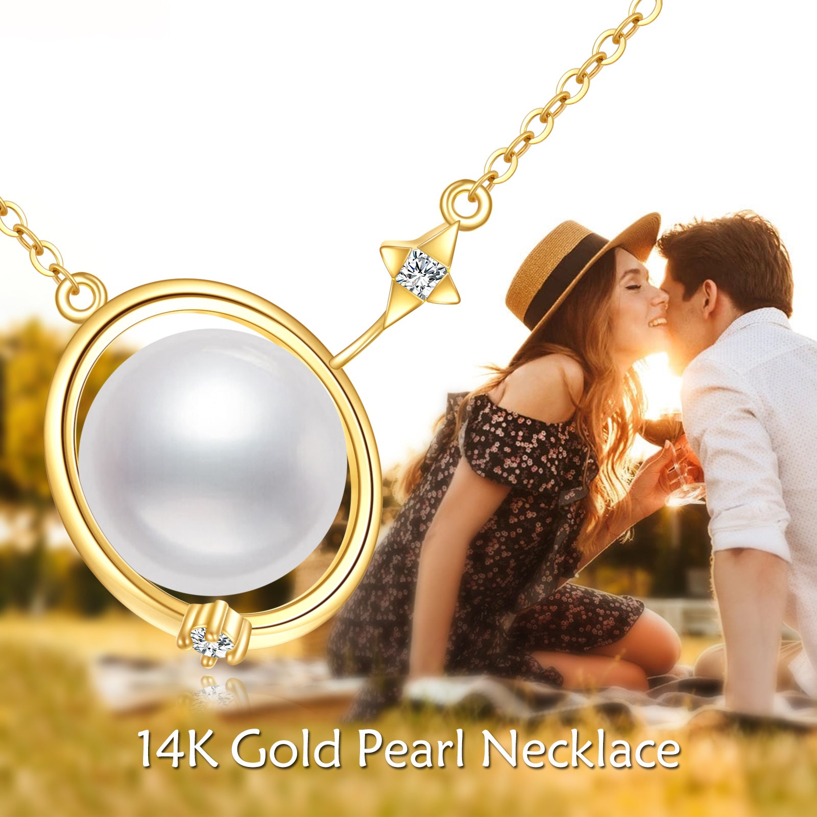 14K Gold Pearl Planet Pendant Necklace with 5A Austria Zircon