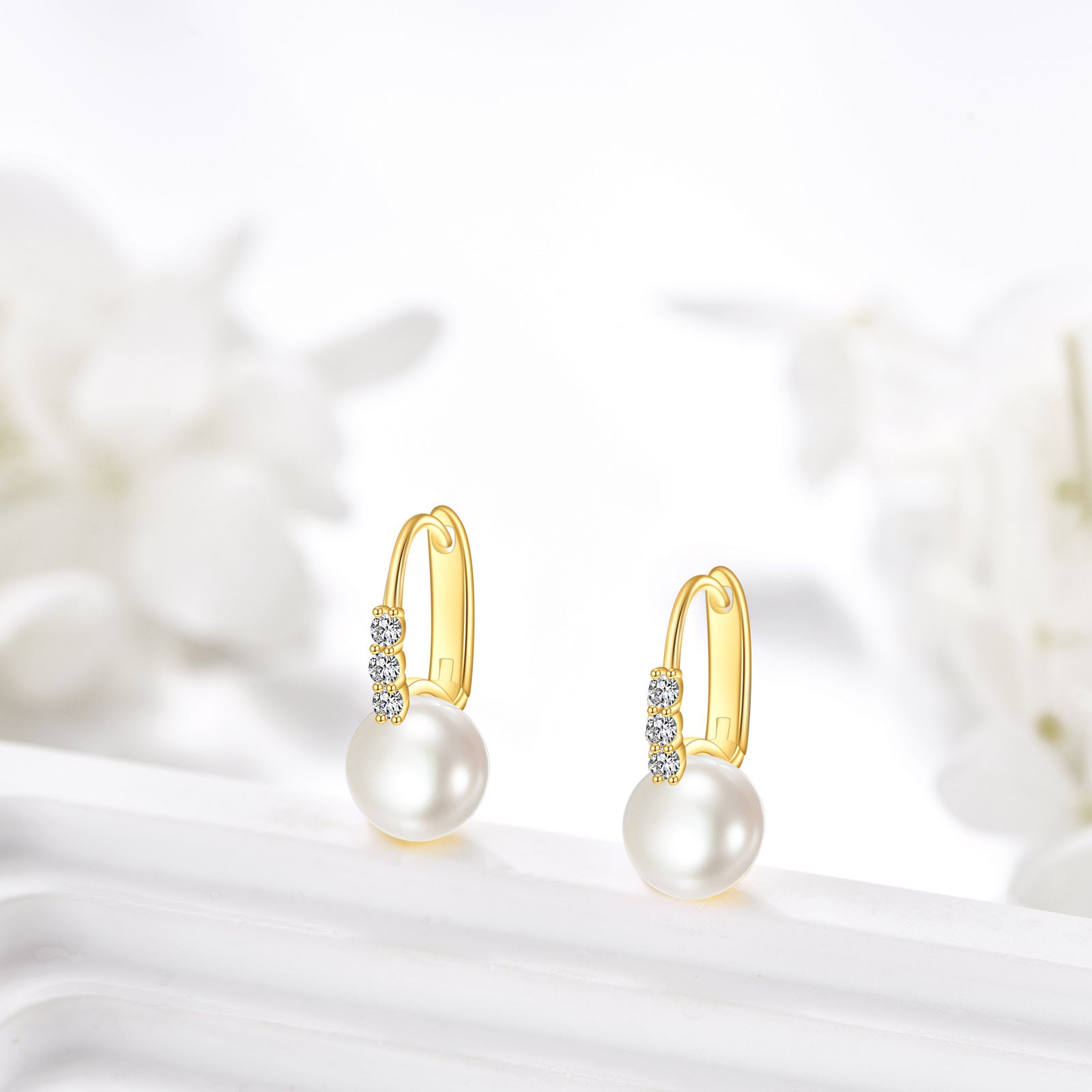 14K Gold Pearl Round Hoop Earrings