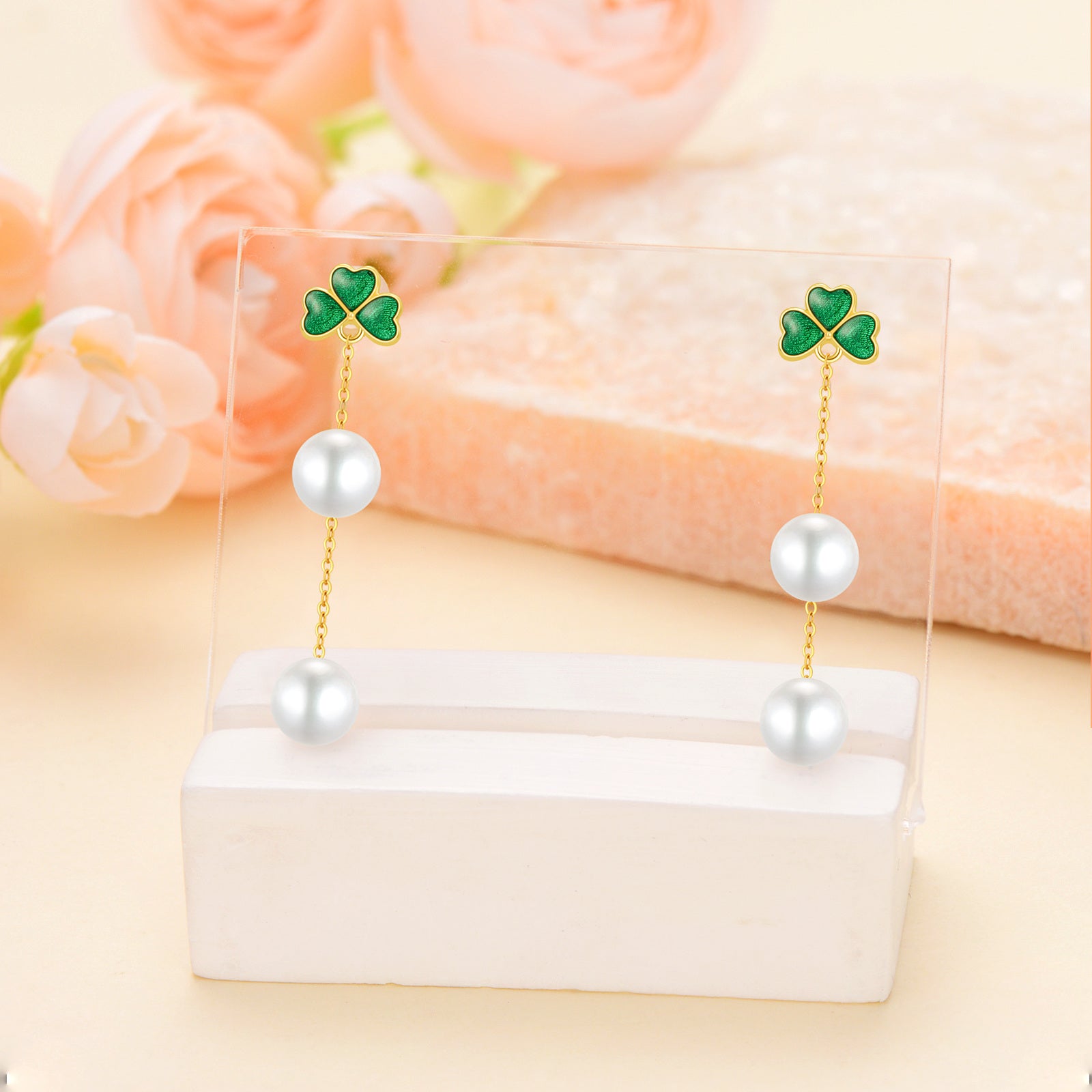 14K Gold Pearl Shamrock Drop Earrings