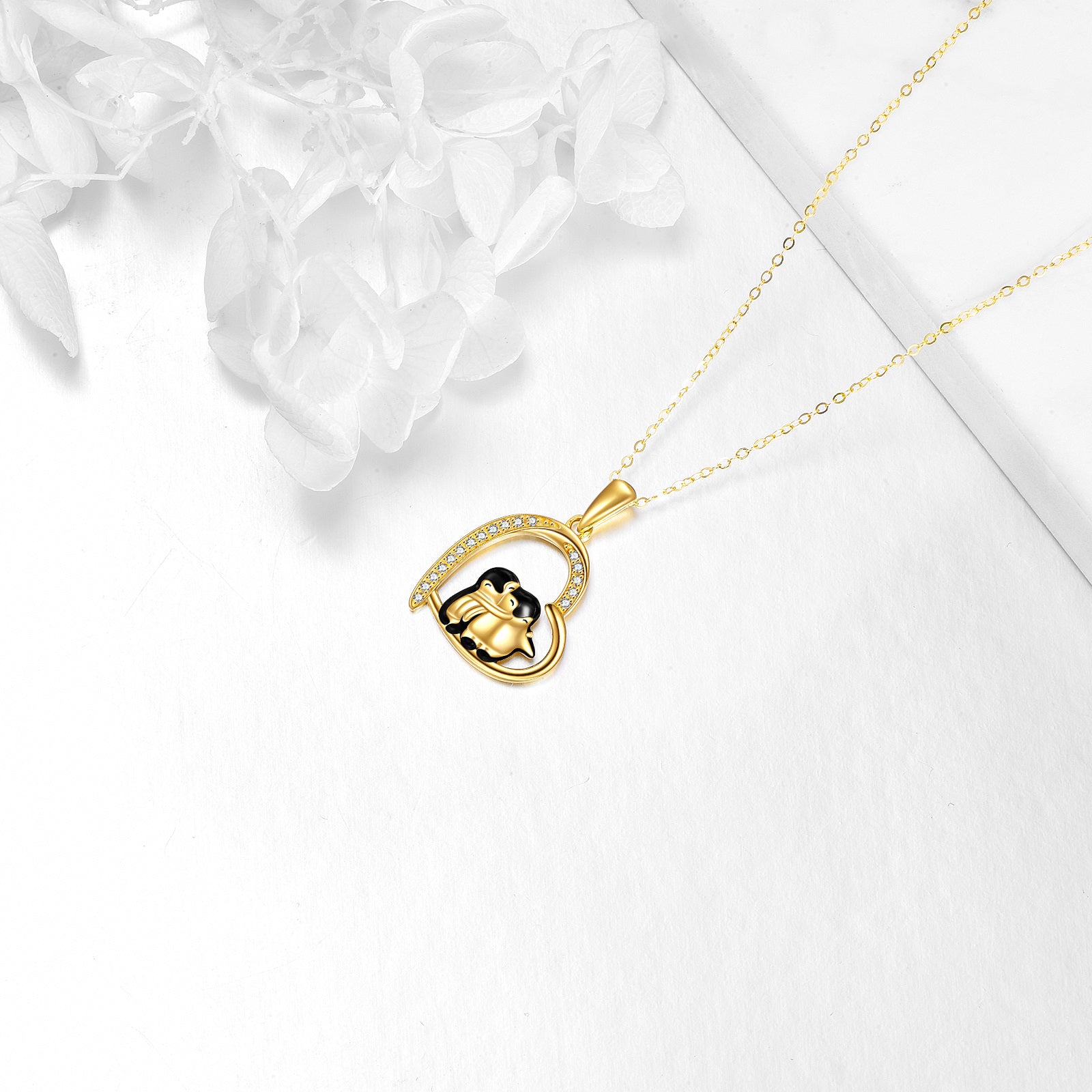 14K Gold Cubic Zirconia Penguin & Heart Pendant Necklace