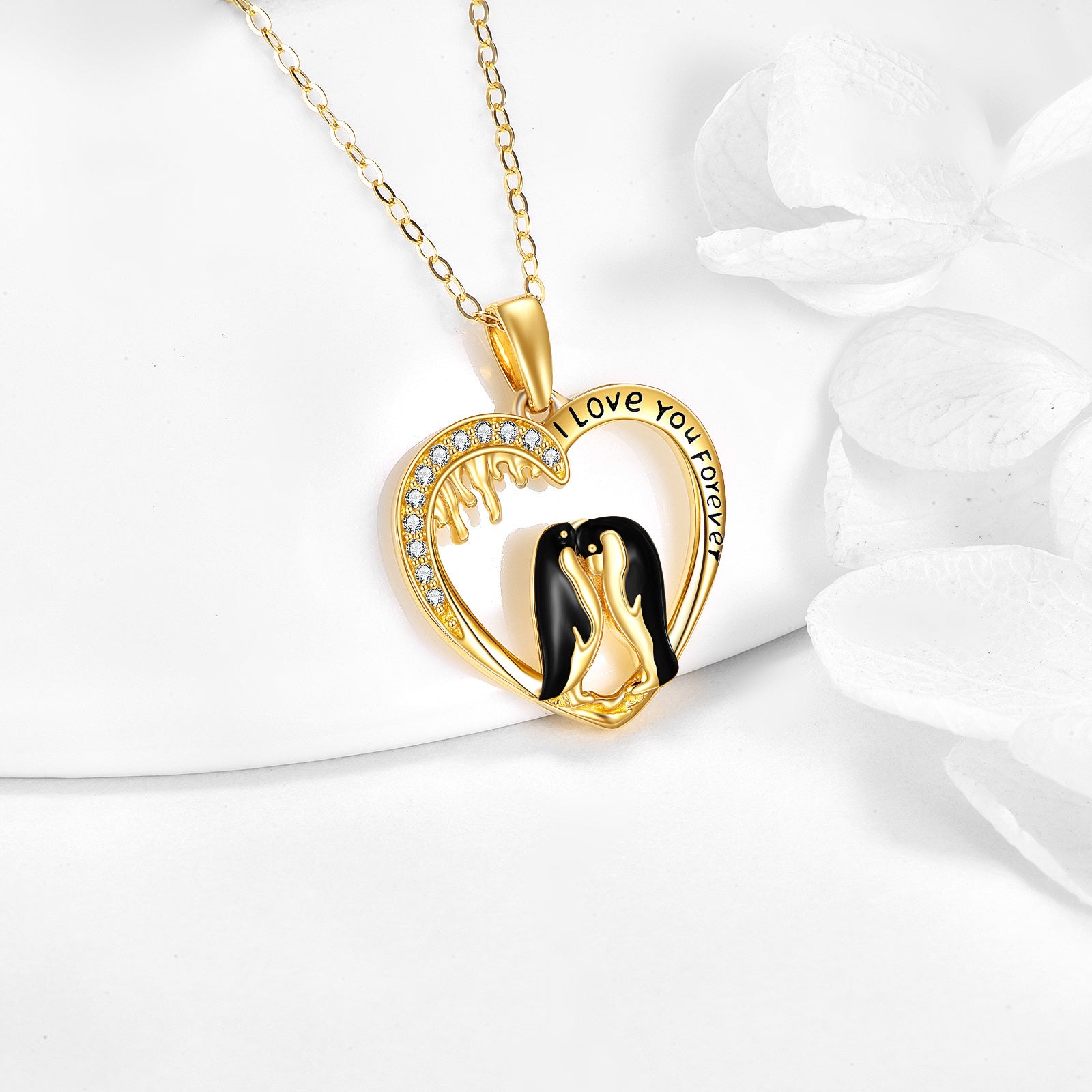 14K Gold Cubic Zirconia Penguin Lover & Heart Pendant Necklace