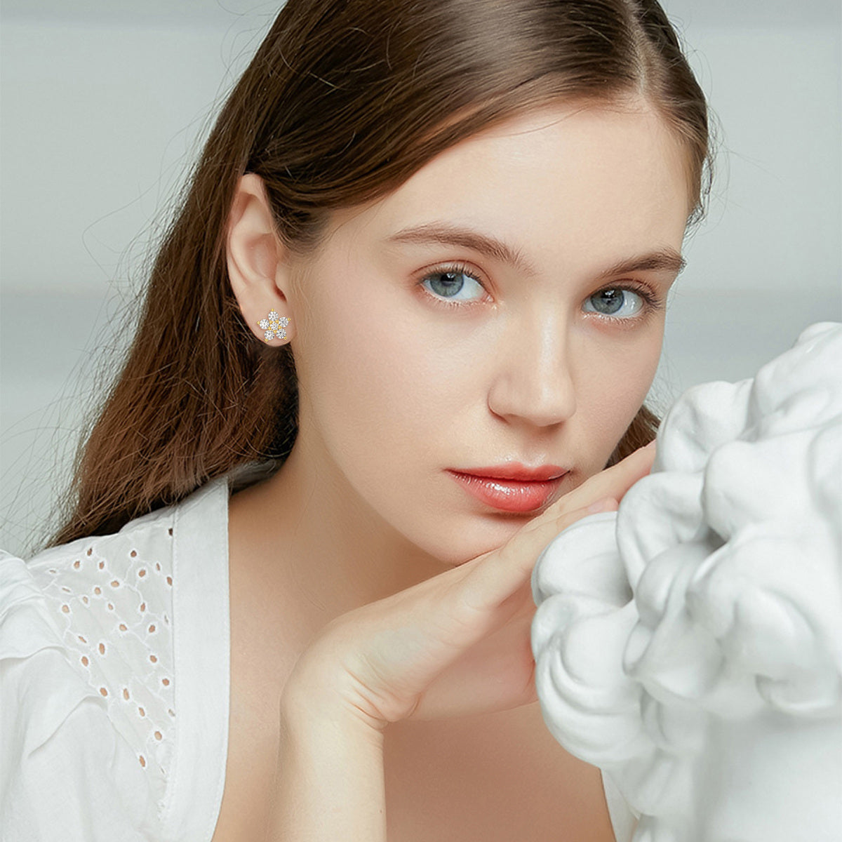 14K Gold Cubic Zirconia Peony Flower Stud Earrings