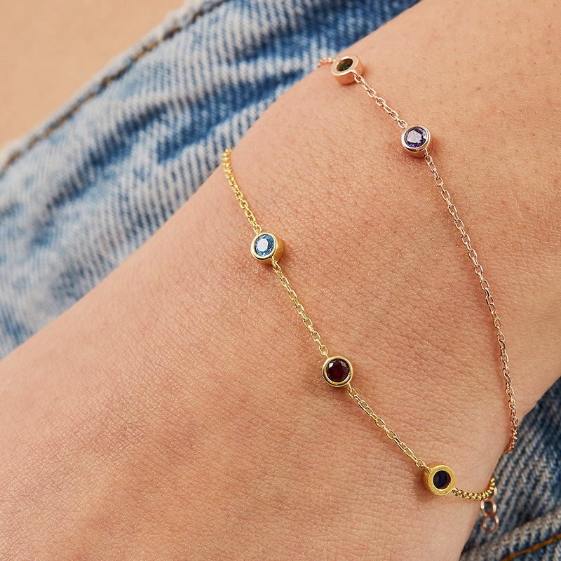 14K Gold Cubic Zirconia Personalized Birthstone Bead Station Chain Bracelet for Women