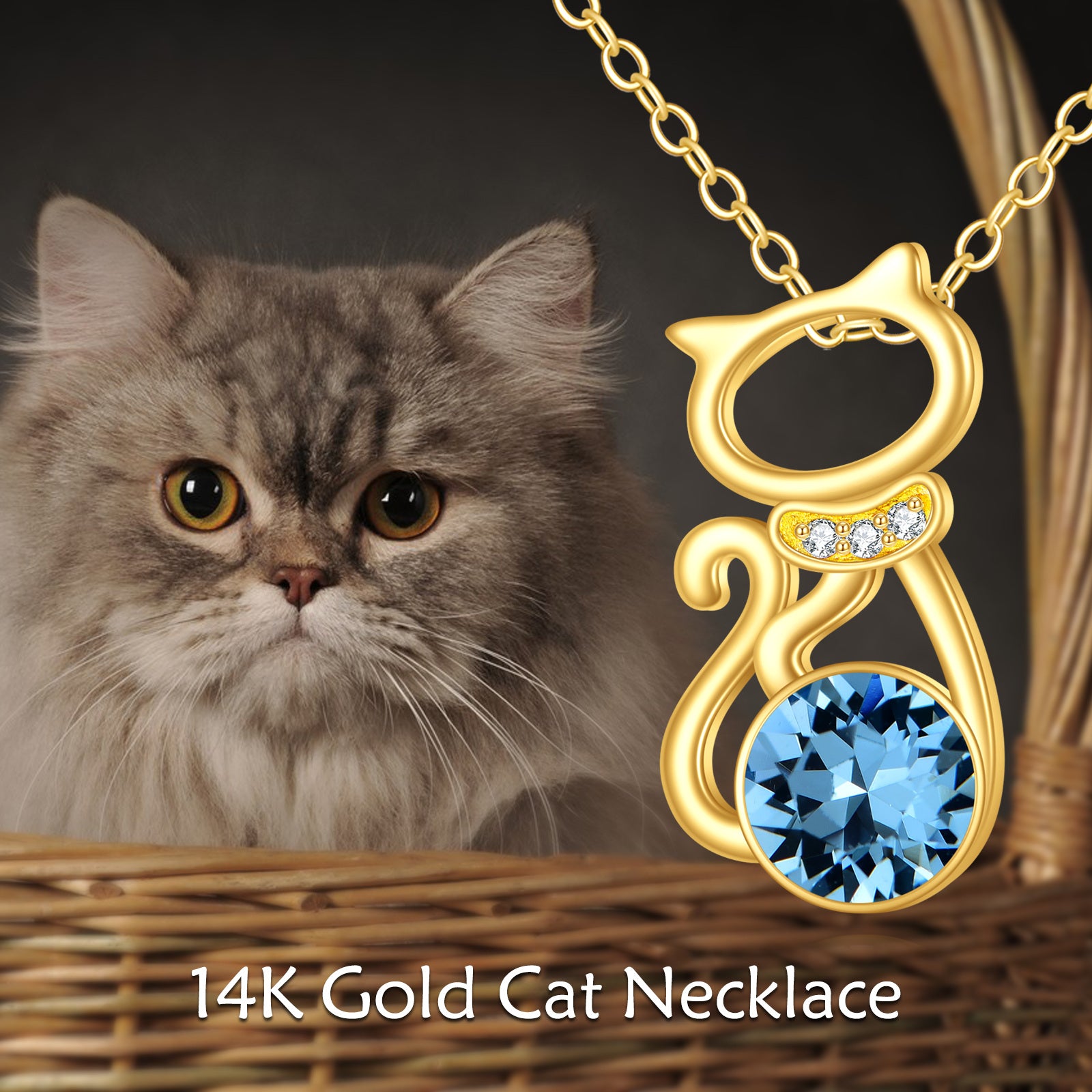 14K Gold Personalized Birthstone Cat Necklace for Women