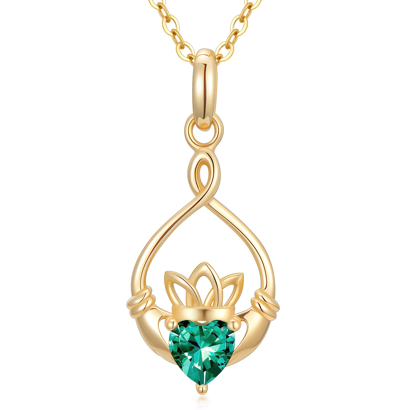 14K Gold Cubic Zirconia Personalized Birthstone & Claddagh Pendant Necklace