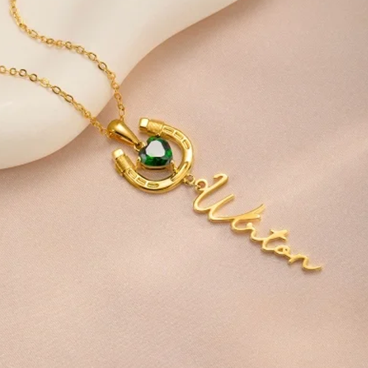 14K Gold Cubic Zirconia Personalized Birthstone Classic Name & Horseshoe Pendant Necklace