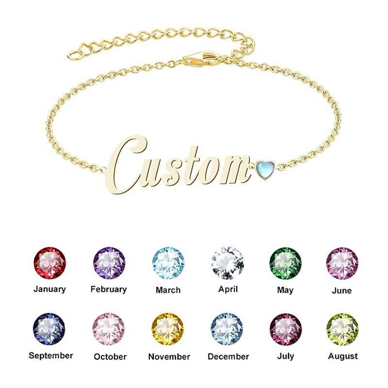14K Gold Cubic Zirconia Personalized Birthstone Classic Name Charm Bracelet for Women
