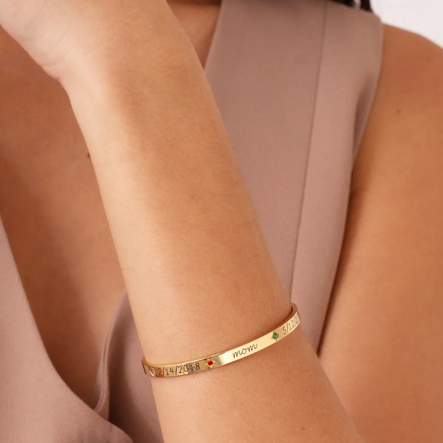 Gold Vermeil Personalized Birthstone Engraving Plain Bangle Bracelet for Women Men