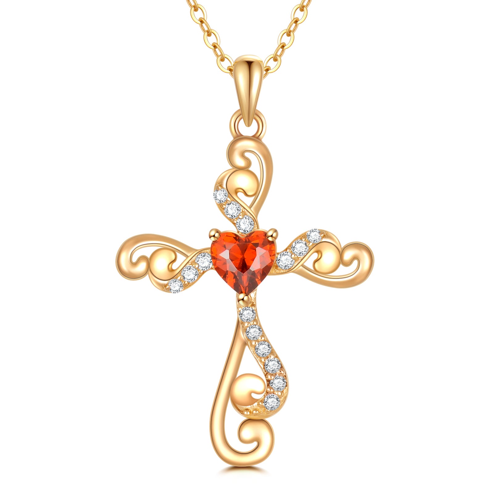 14K Gold Personalized Birthstone Ivy Cross Heart Necklace for Women