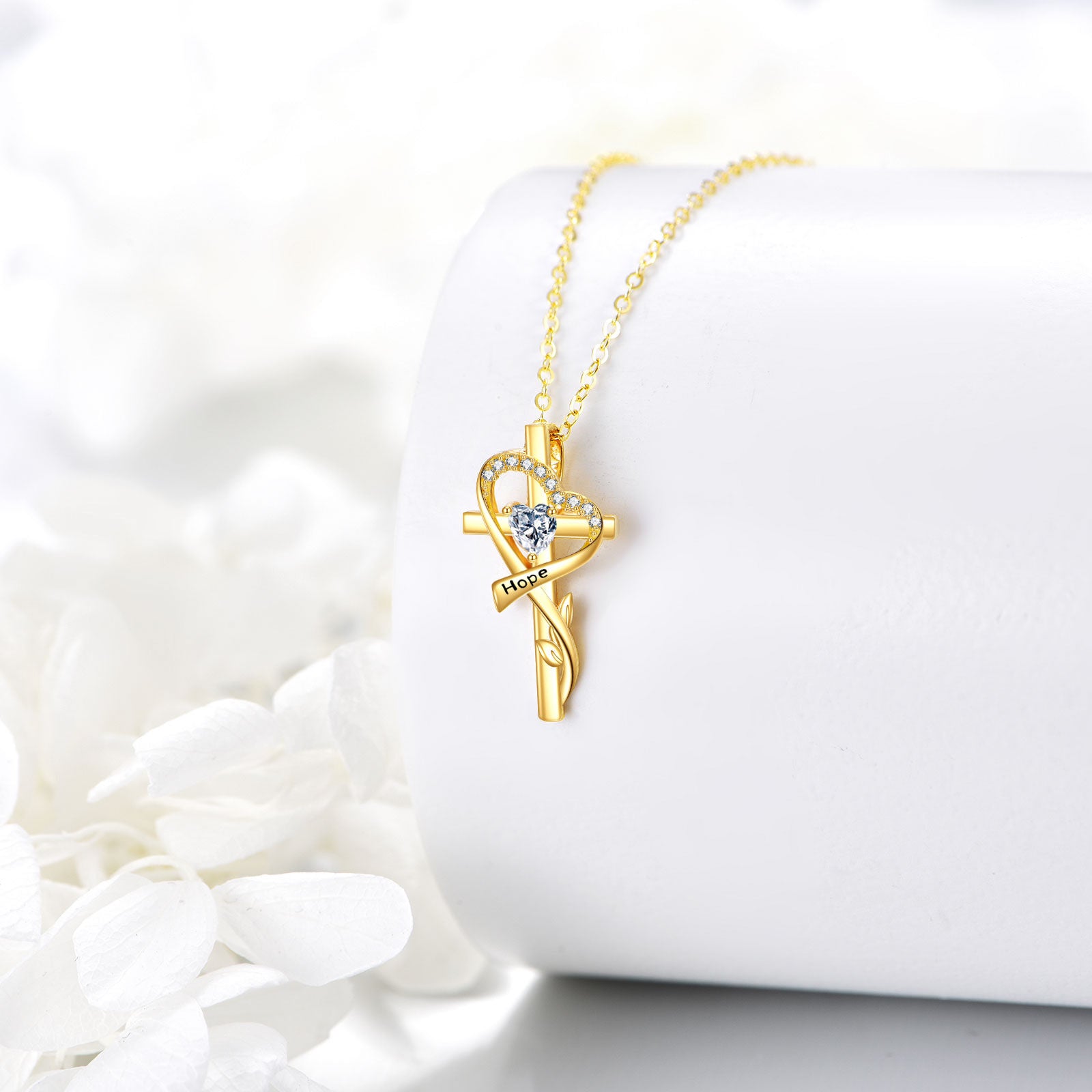 14K Gold Cubic Zirconia Personalized Birthstone Leaves Cross & Heart Necklace for Women