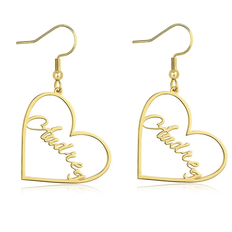 14K Gold Personalized Classic Name Heart Drop Earrings