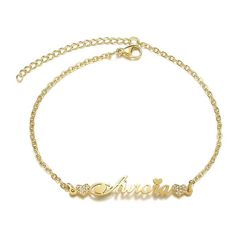 14K Gold Cubic Zirconia Personalized Classic Name Charm Bracelet for Women