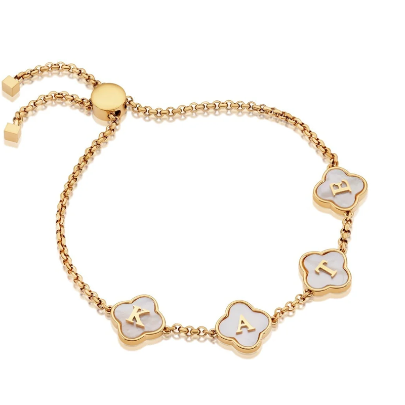 14K Gold Personalized Initial Flowers Charm Bracelet for Women