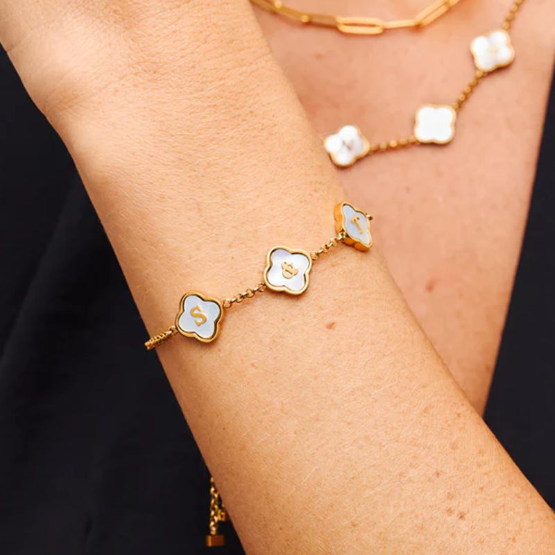 14K Gold Personalized Initial Flowers Charm Bracelet for Women