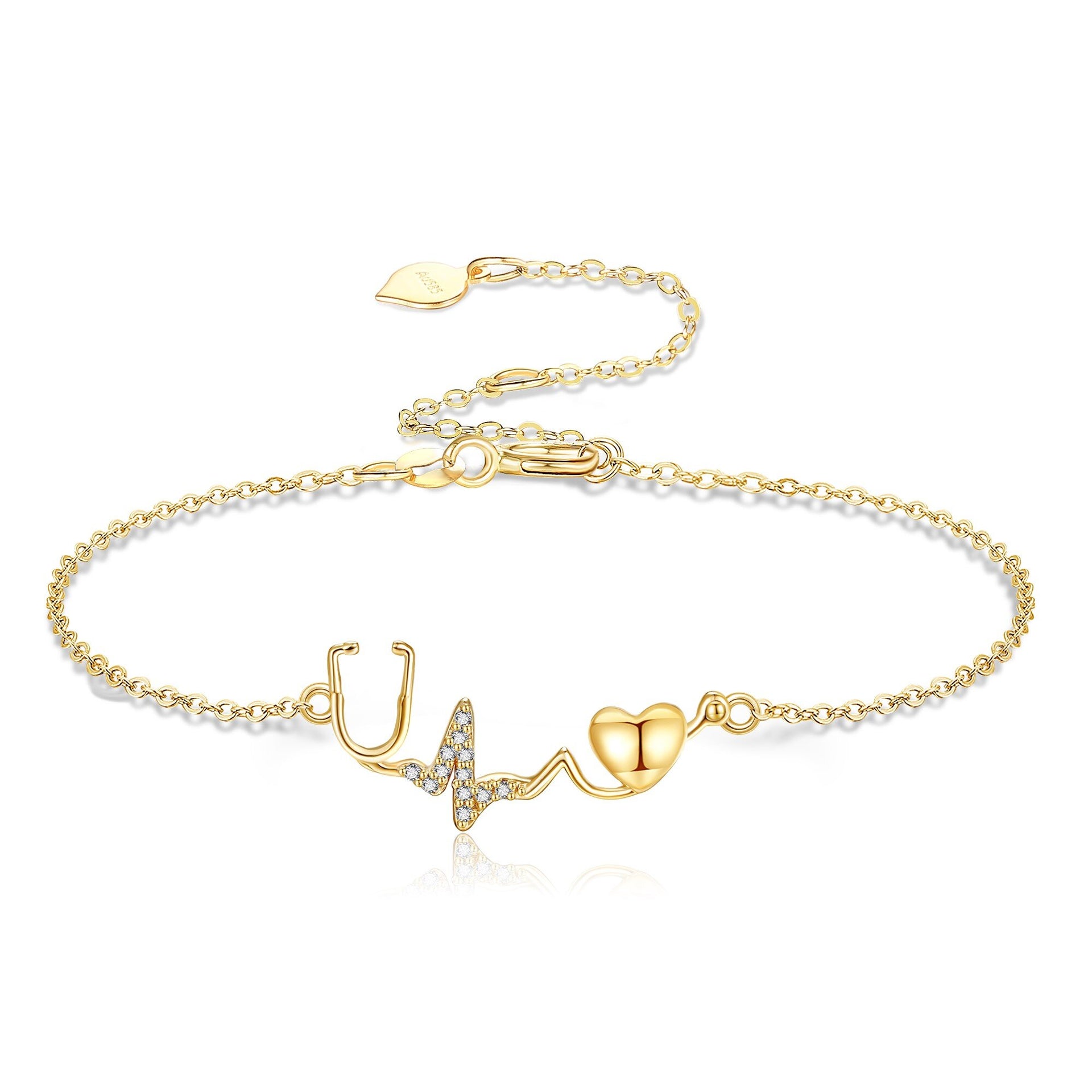 14K Gold Cubic Zirconia Personalized Initial Letter & Stethoscope Bracelet for Women