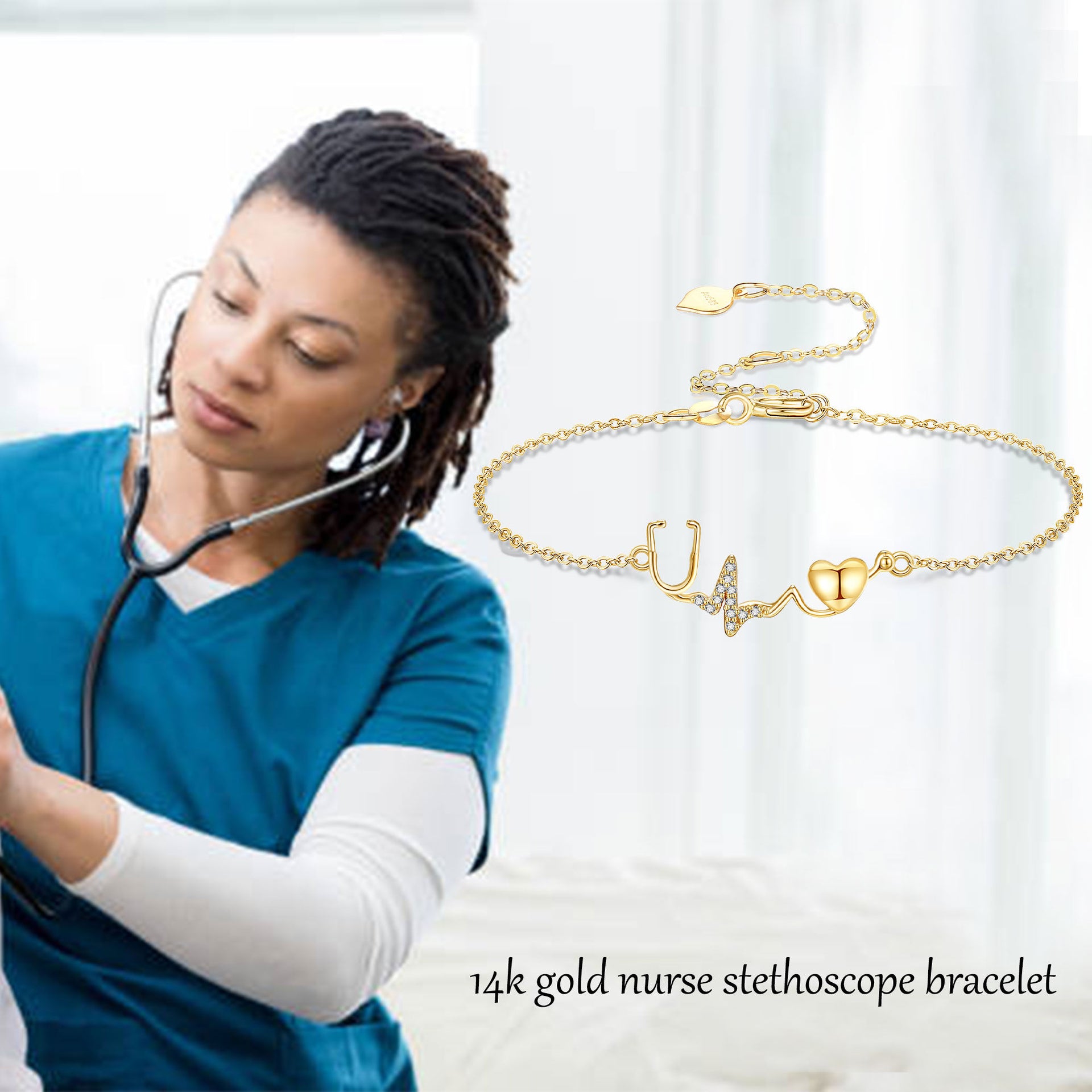 14K Gold Cubic Zirconia Personalized Initial Letter & Stethoscope Bracelet for Women