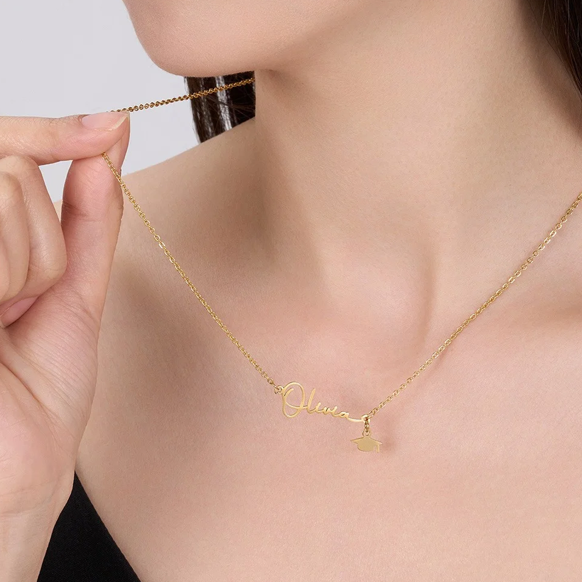 14K Gold Personalized Name Graduation Cap Necklace, High School College Class of 2025 Graduation Jewelry