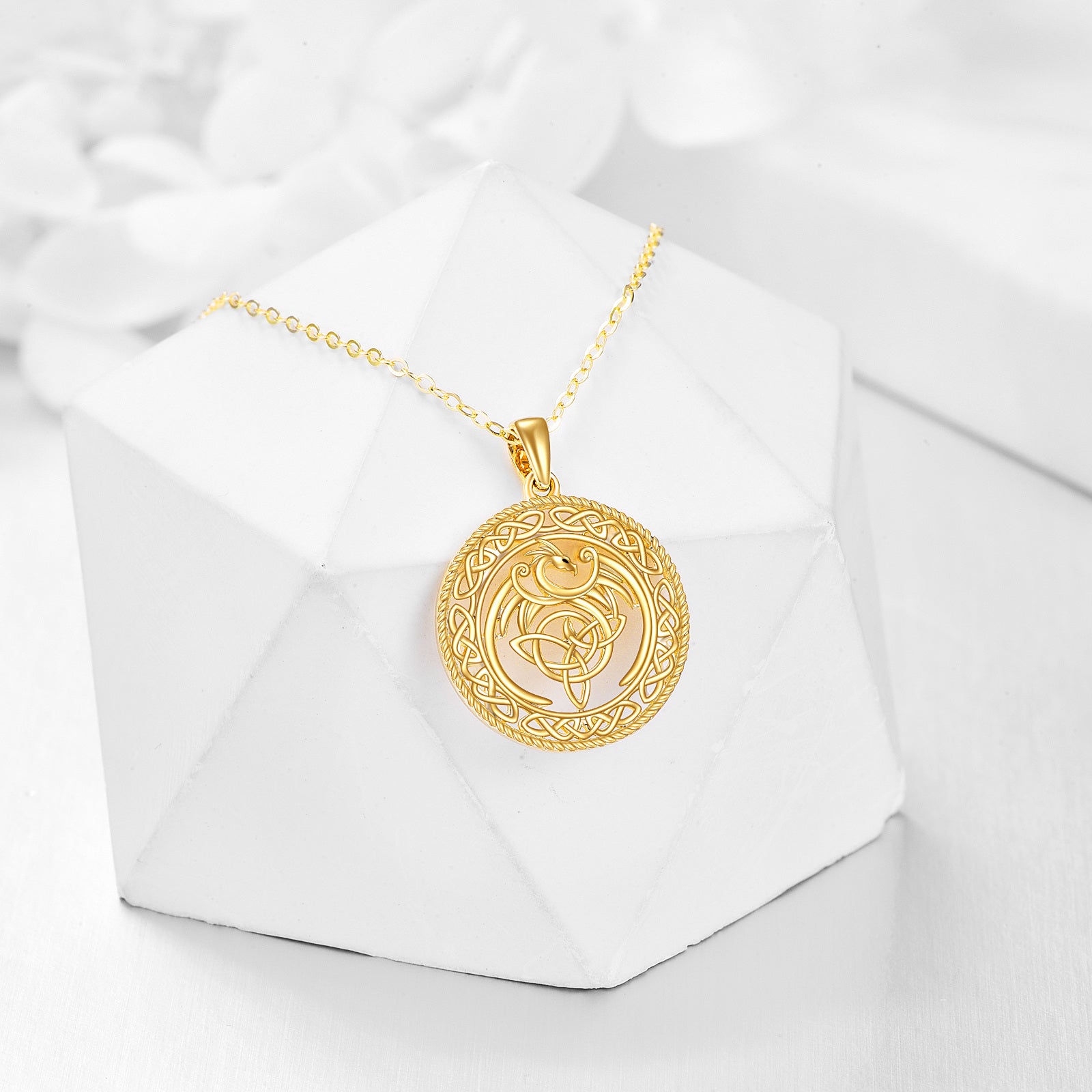 14K Gold Phoenix & Celtic Knot Pendant Necklace