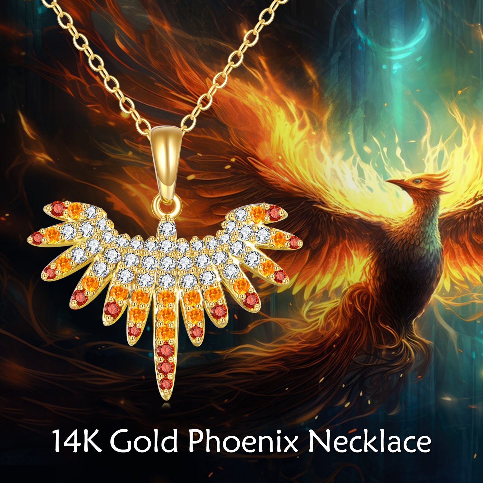 14K Gold Cubic Zirconia Phoenix Pendant Necklace