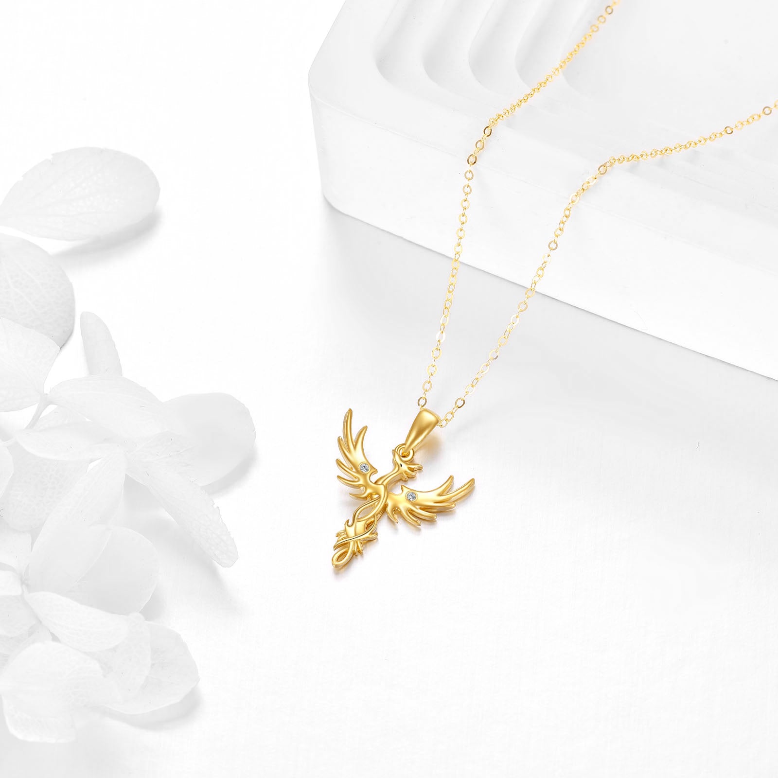 14K Gold Cubic Zirconia Phoenix Pendant Necklace