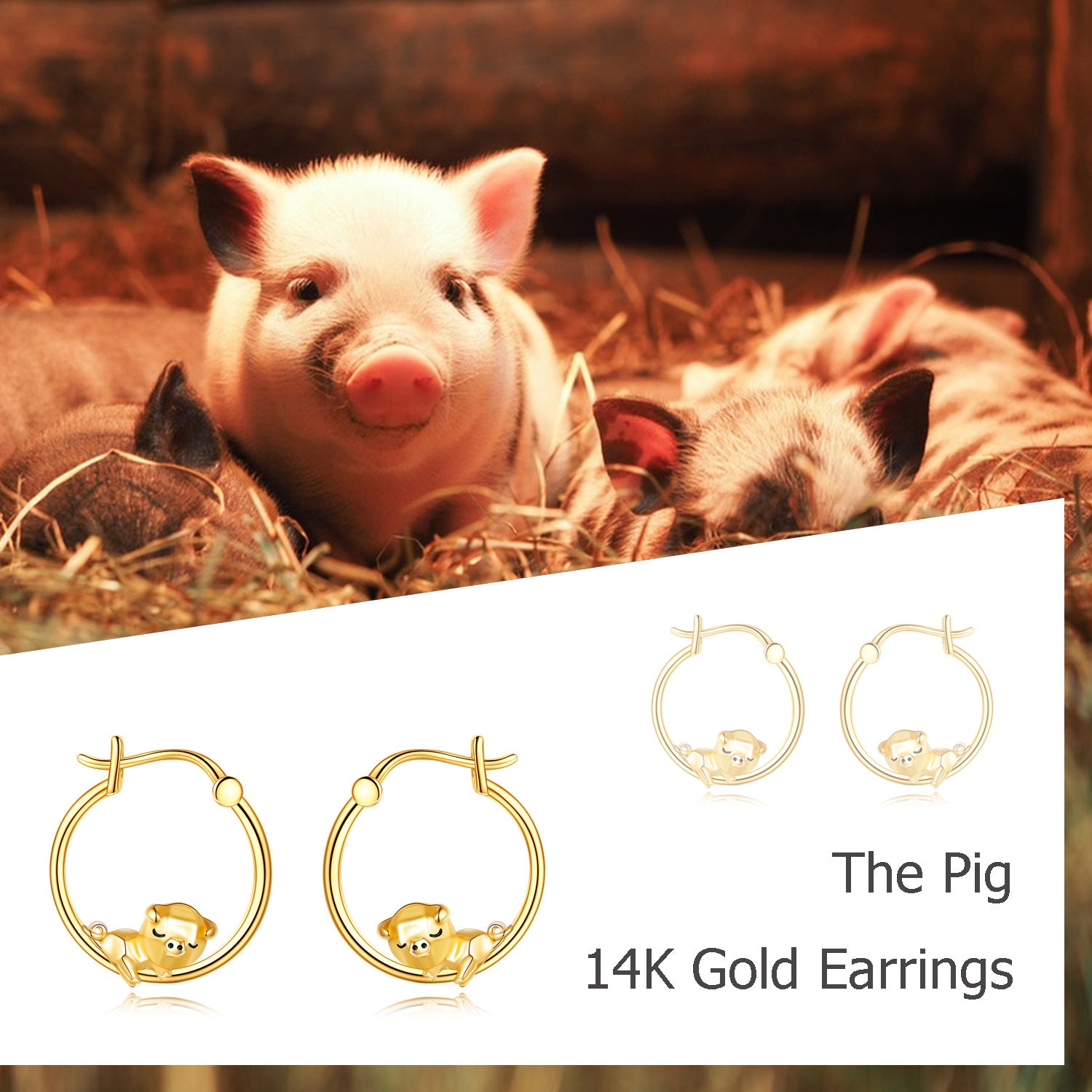 14K Gold Pig Hoop Earrings