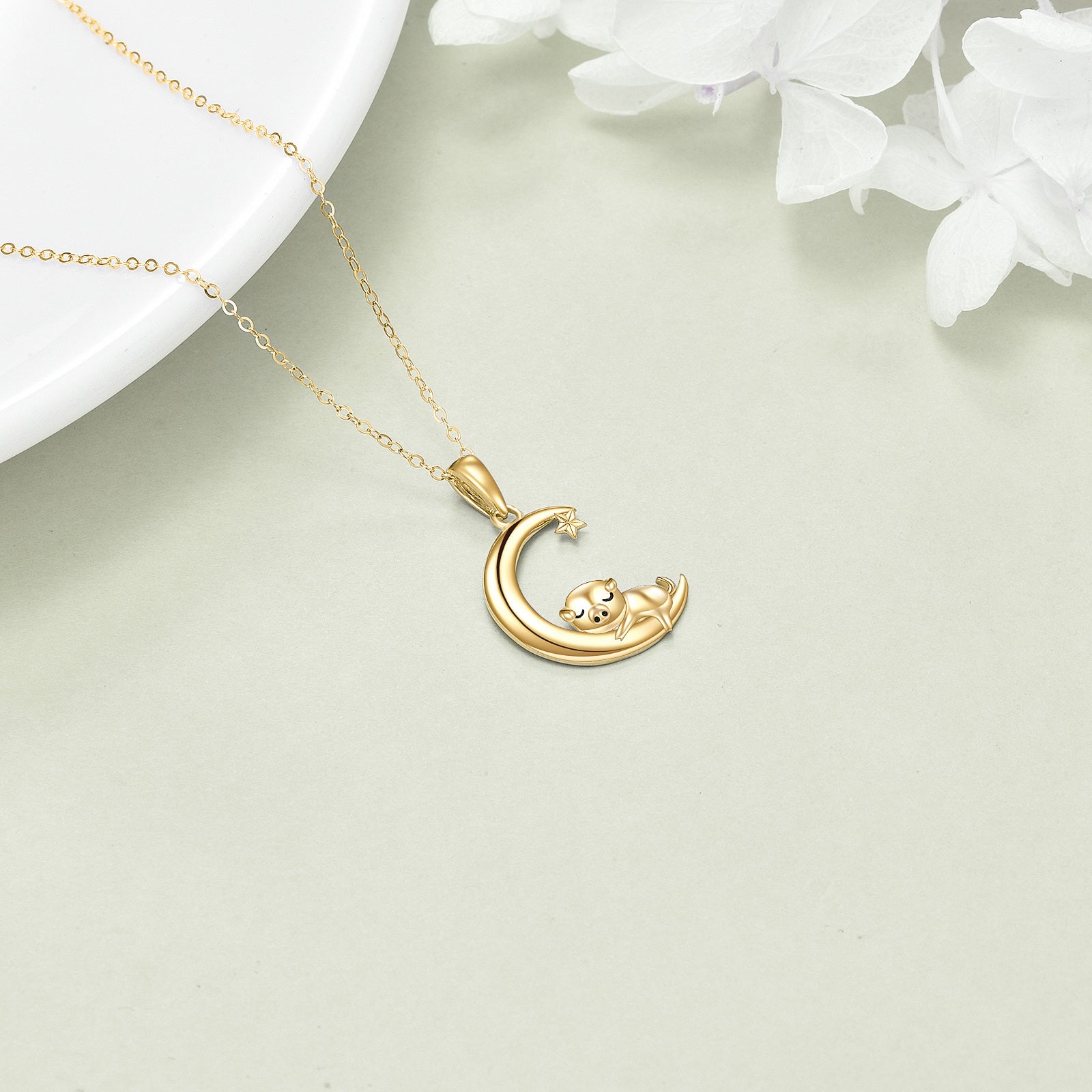 14K Gold Pig & Moon Pendant Necklace