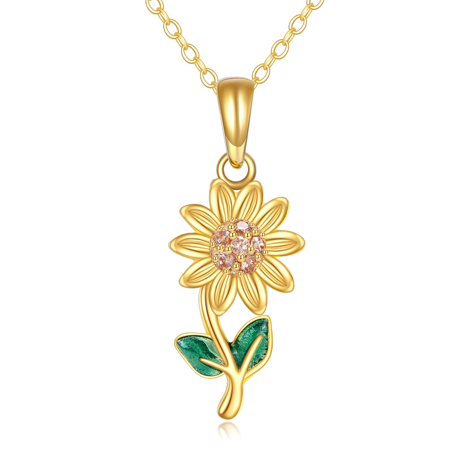 14K Gold Pink Cubic Zirconia Sunflower Pendant Necklace