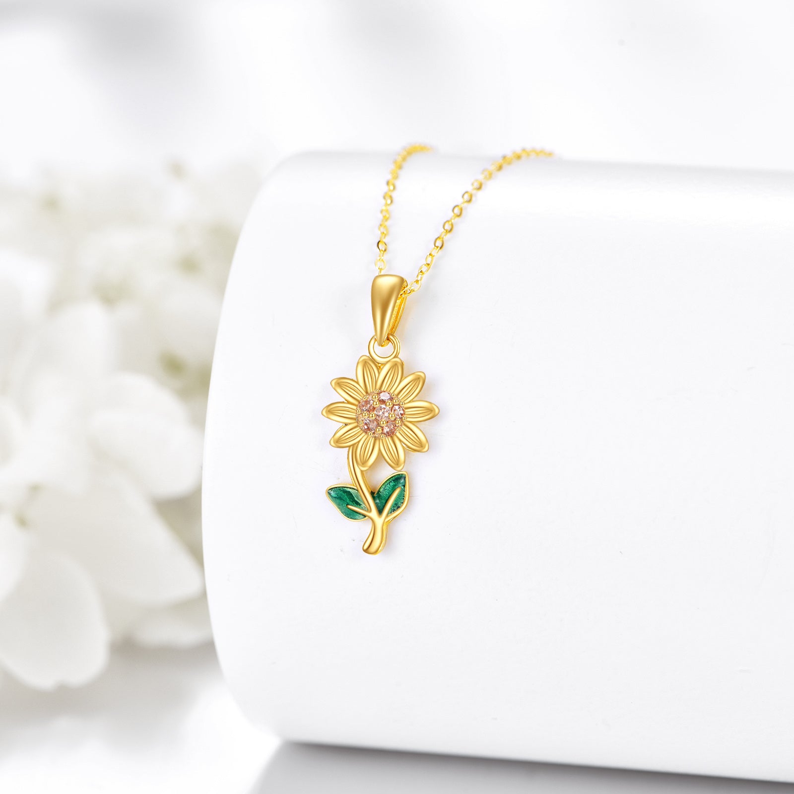 14K Gold Pink Cubic Zirconia Sunflower Pendant Necklace