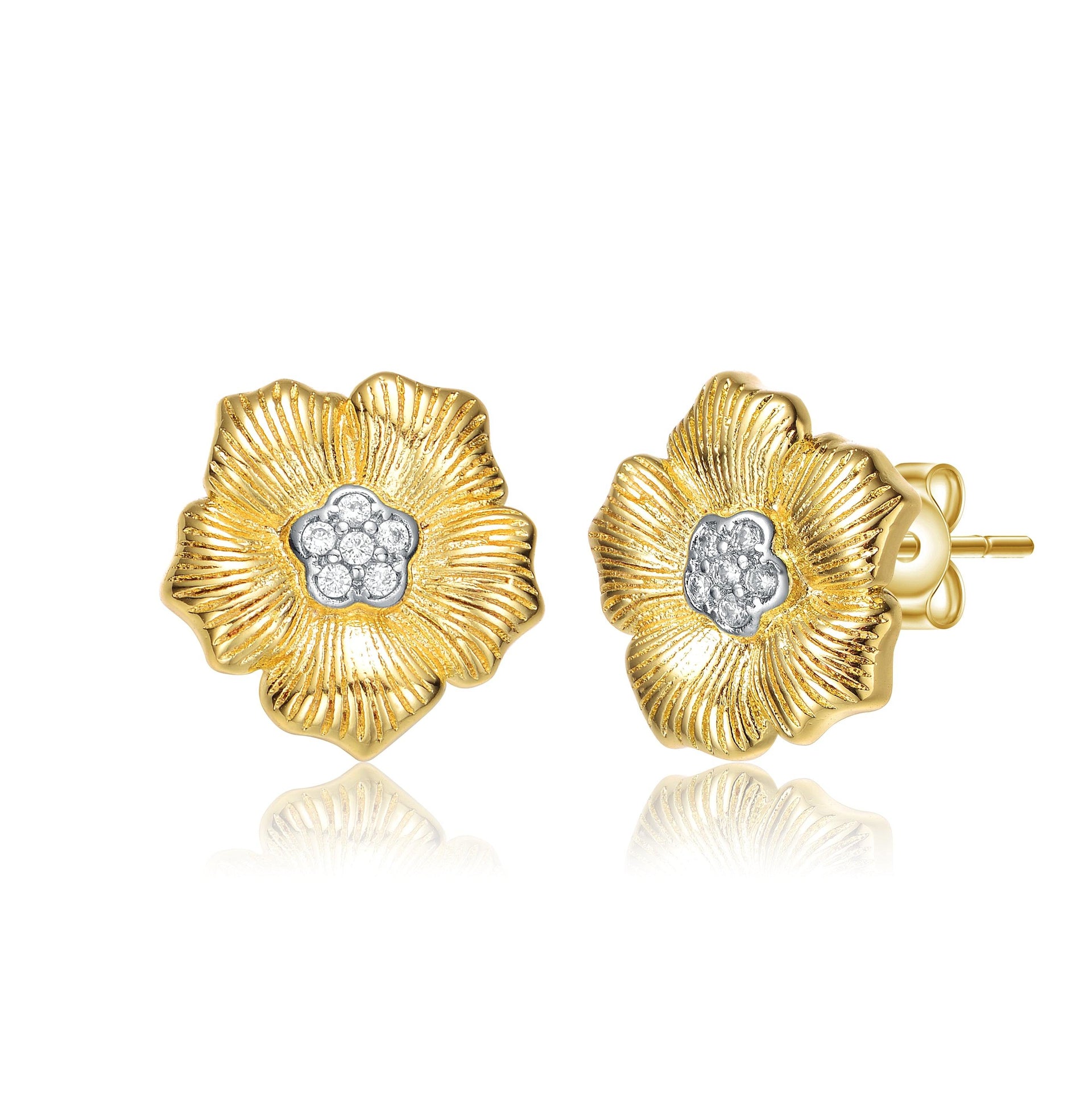 Yellow Gold Plated With Clear Cubic Zirconia Floral Stud Earrings