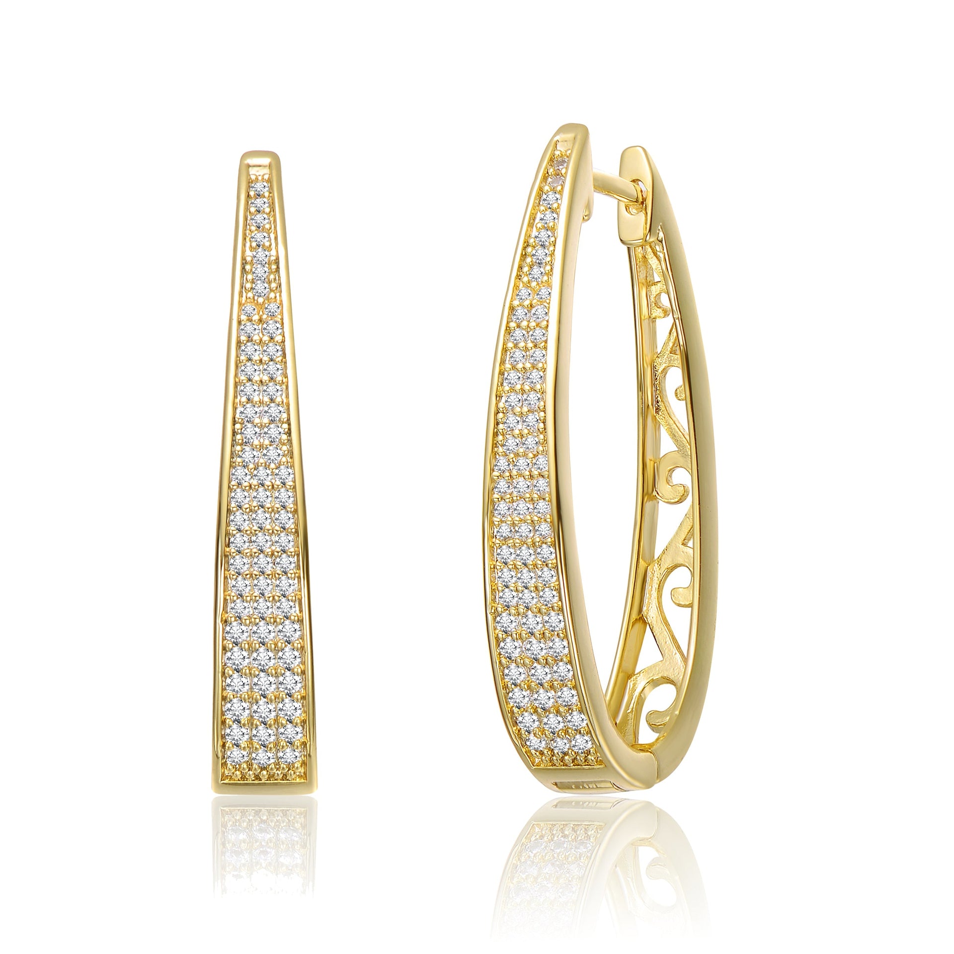 Yellow Gold Plated With Clear Cubic Zirconia Pave Oblong Oval Hoop Earrings