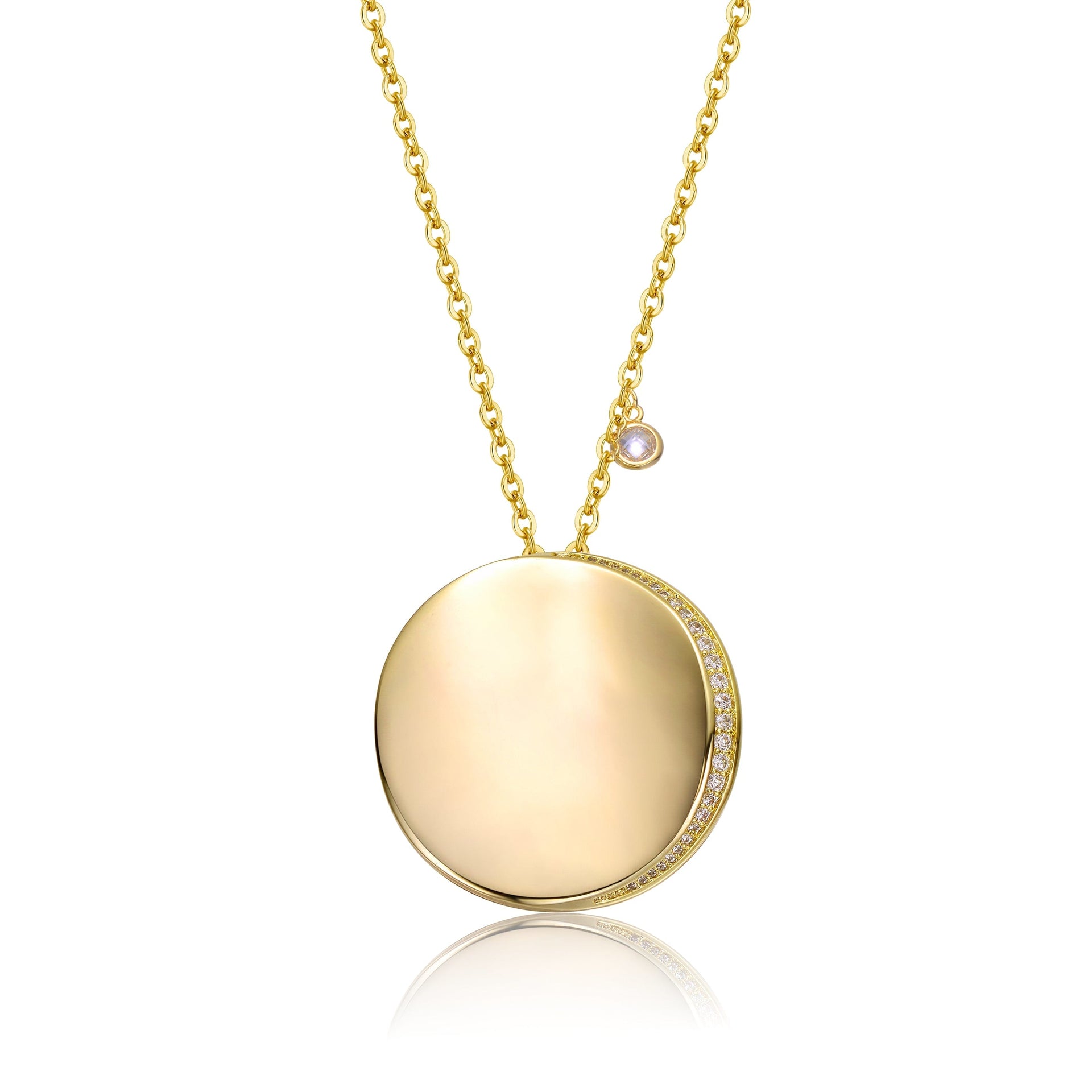 Yellow Gold Plated With Clear Cubic Zirconia Round Circle Pendant Necklace