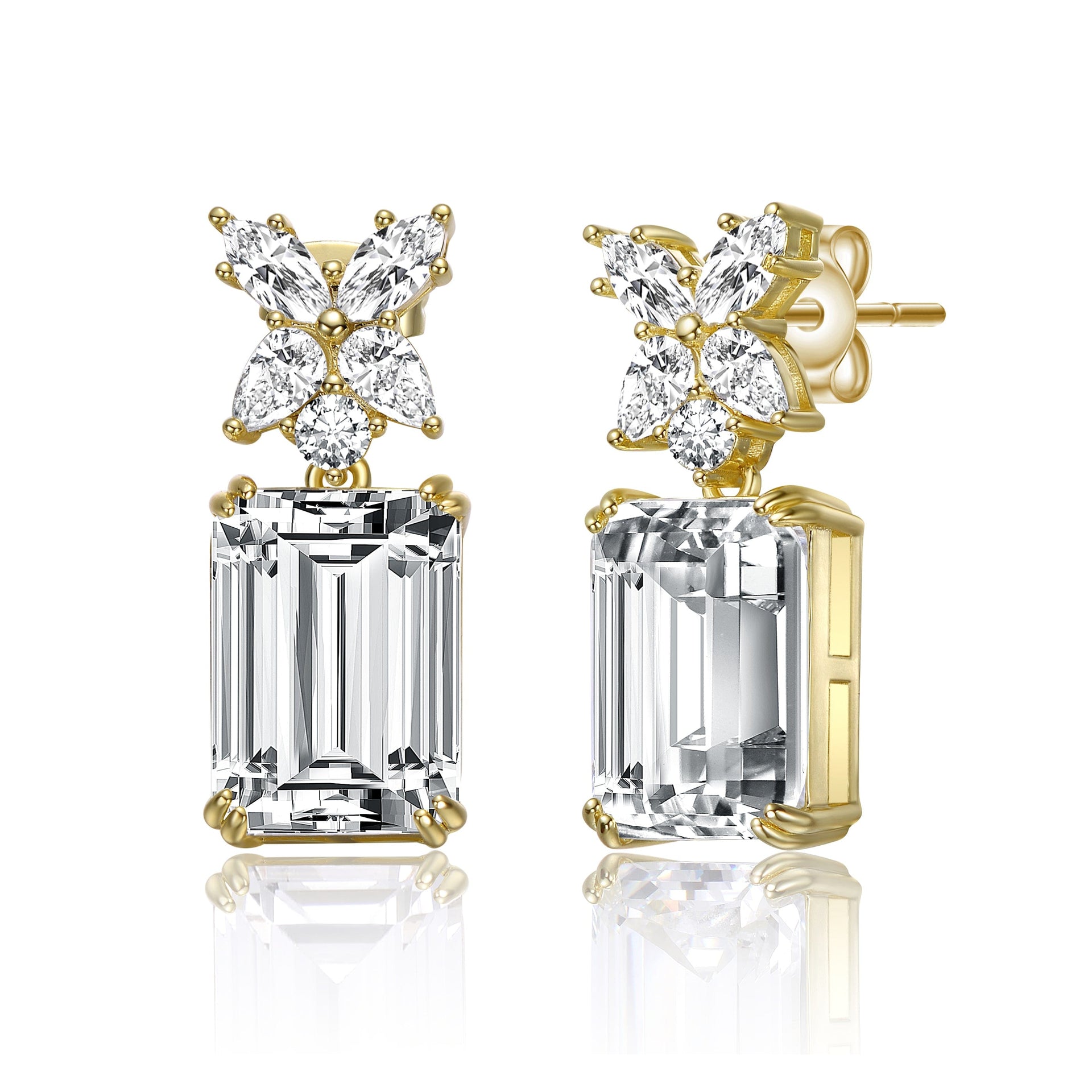 Yellow Gold Plated With Emerald Cut Clear Cubic Zirconia Cluster Drop Earrings