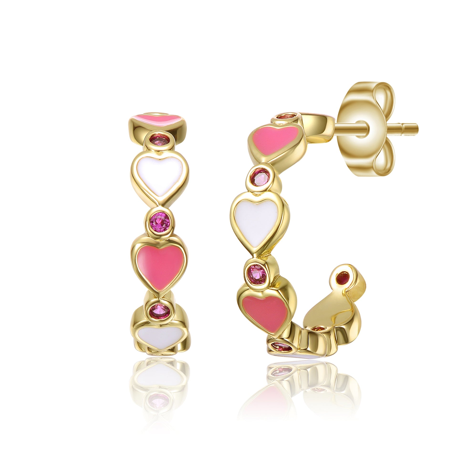 Yellow Gold Plated Heart Hoop Earrings With Pink Cubic Zirconia