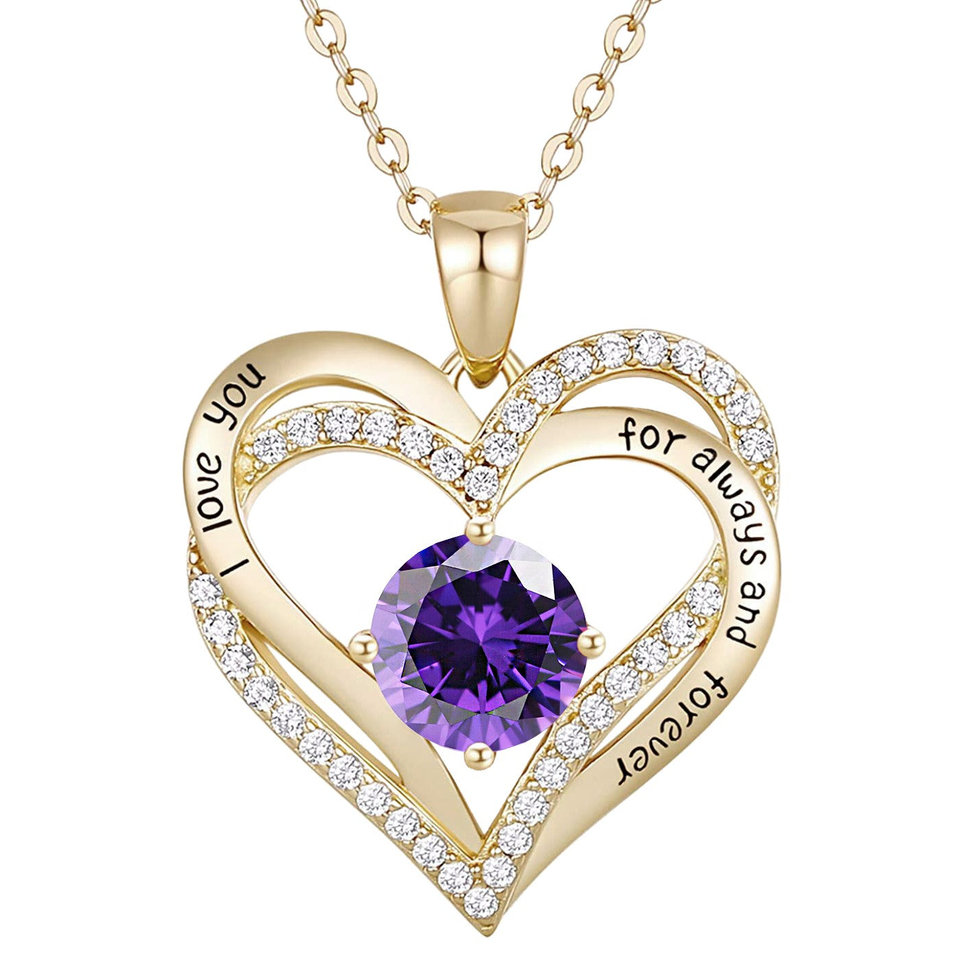 Gold Plated Heart -I Love You- With Cubic Zirconia Amethyst Pendant Necklace