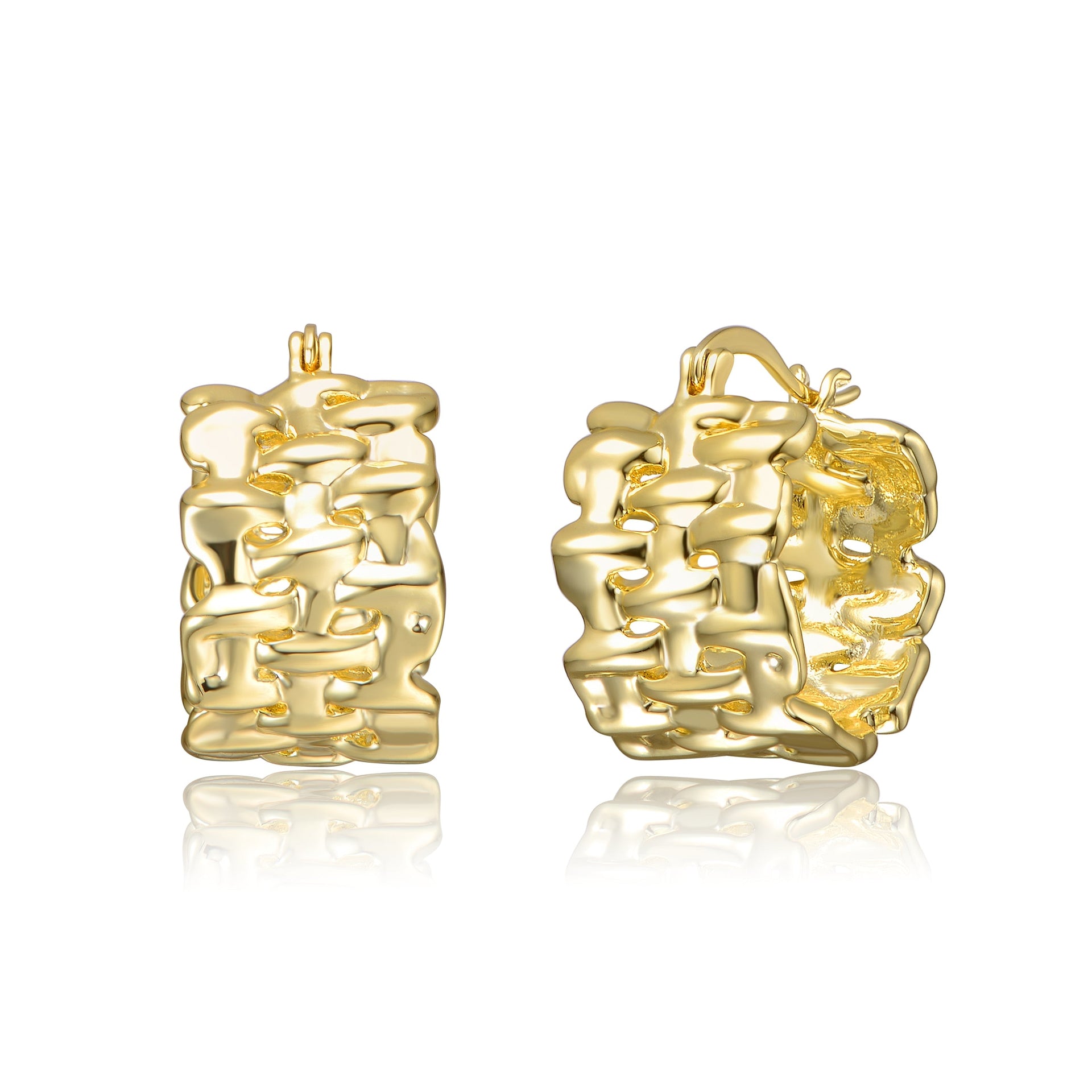 Yellow Gold Plated Nature Basket Weave Chunky C-Hoop Earrings