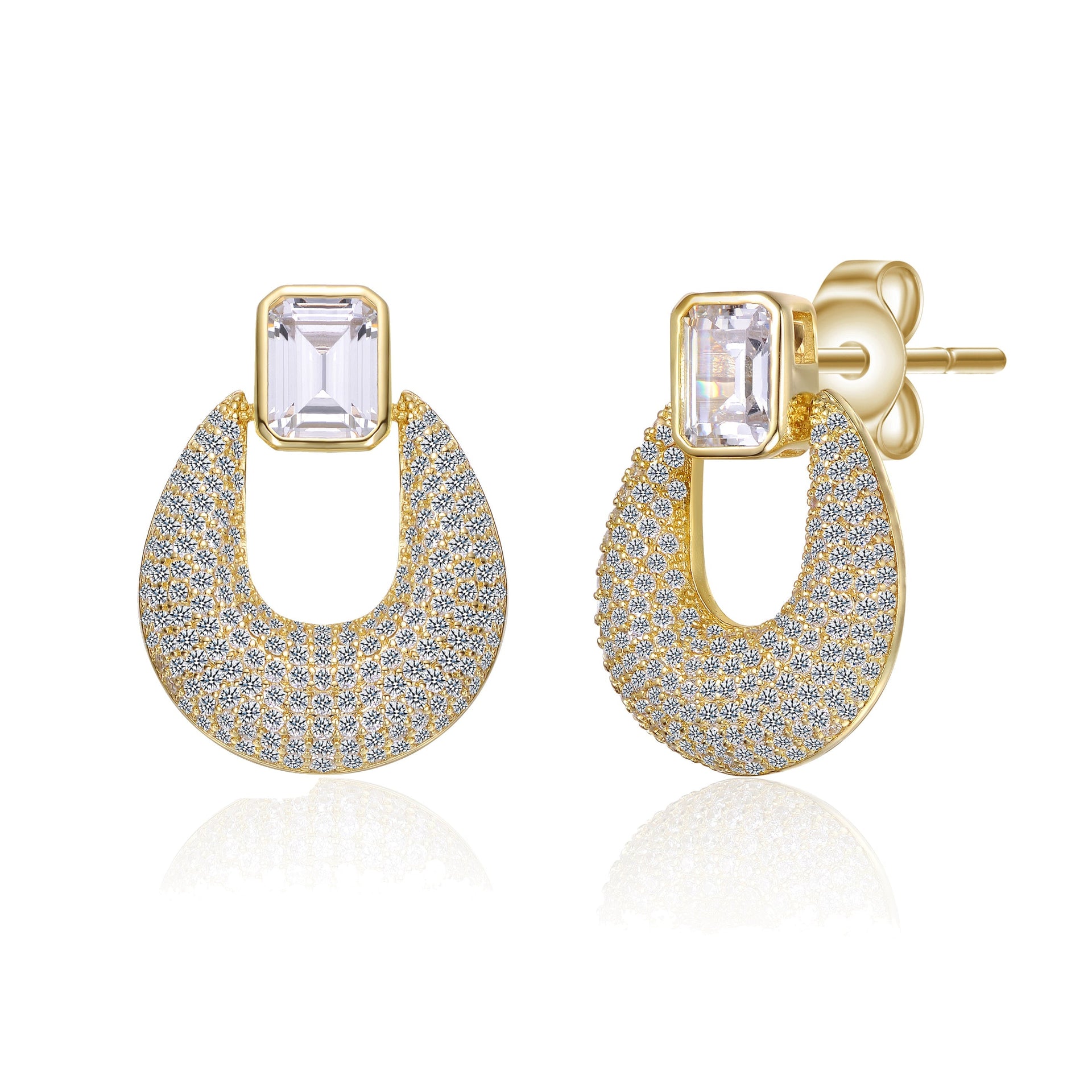 Yellow Gold Plated Puffed U-Shaped Front-Facing Dangle Earrings