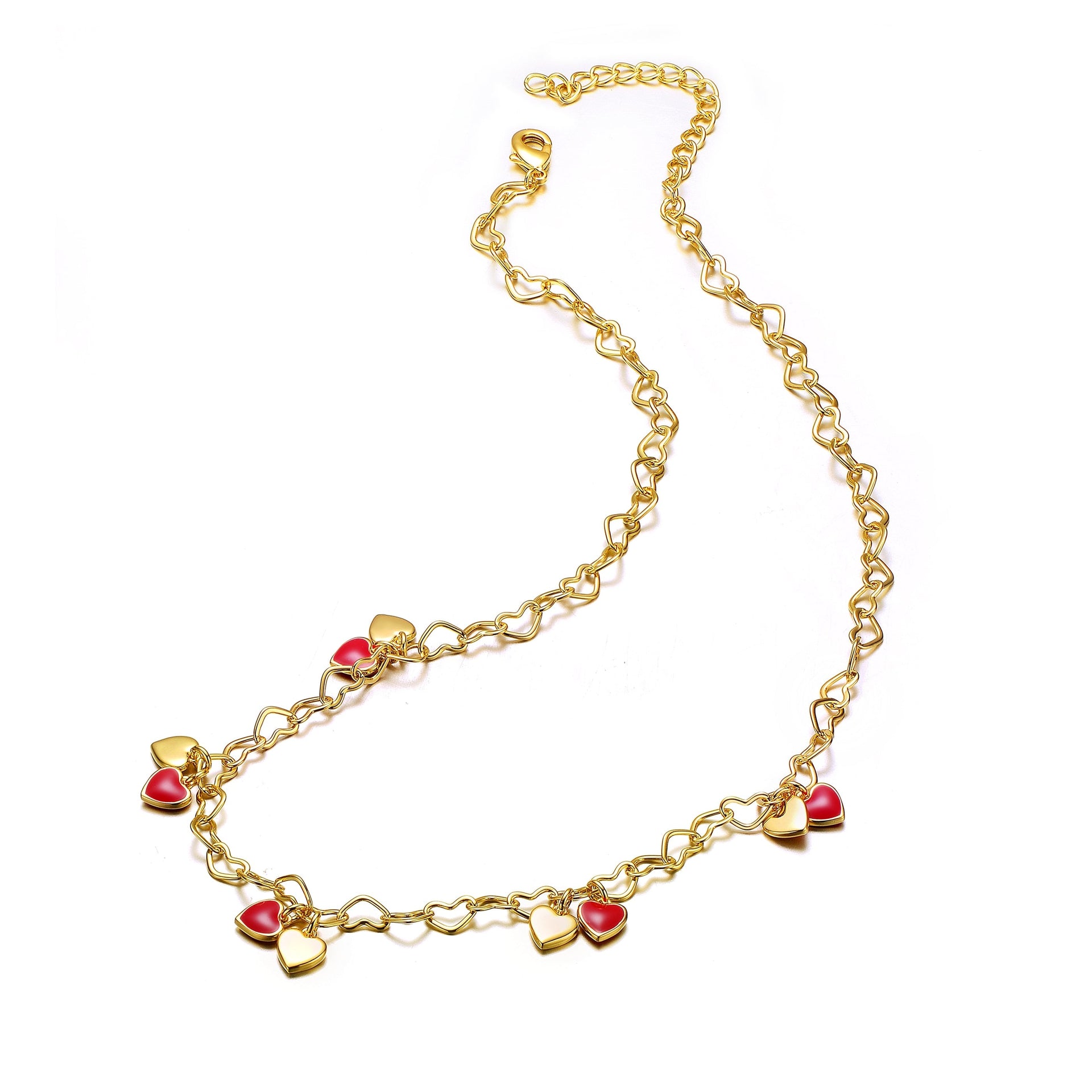 Yellow Gold Plated Red Heart Enamel Charm Necklace For Toddler/Kids