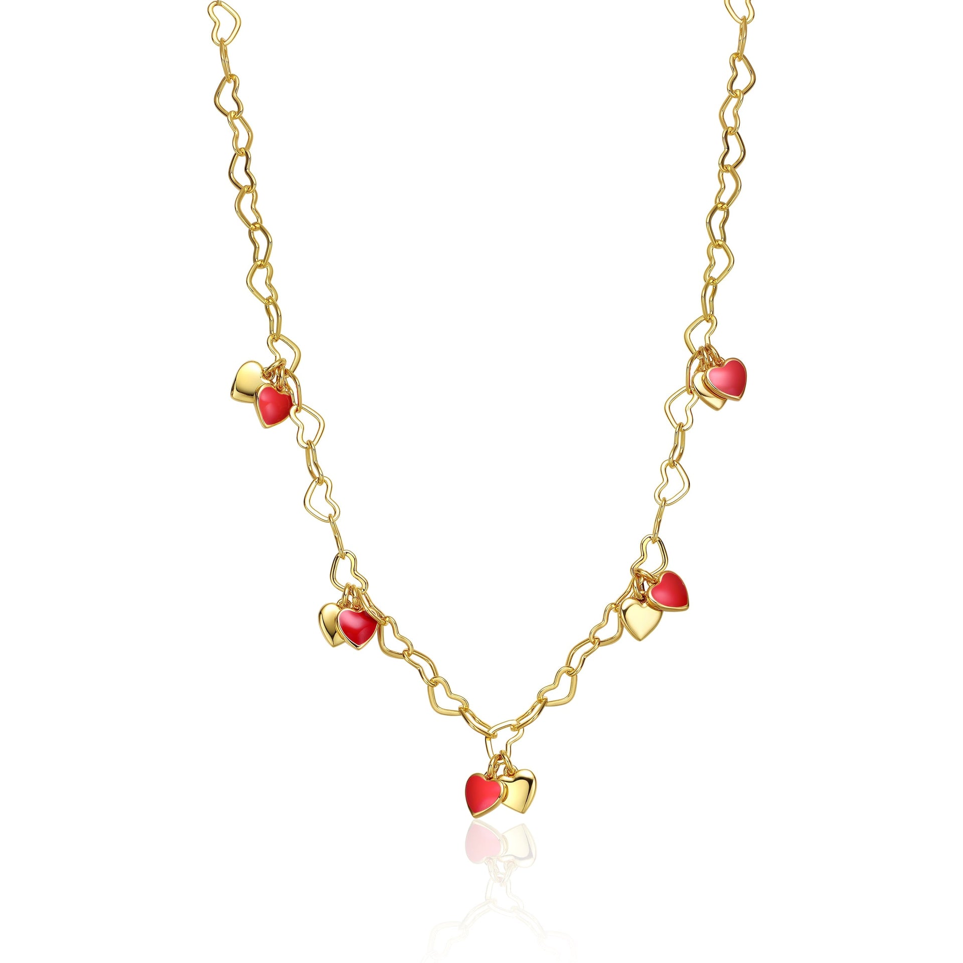 Yellow Gold Plated Red Heart Enamel Charm Necklace For Toddler/Kids