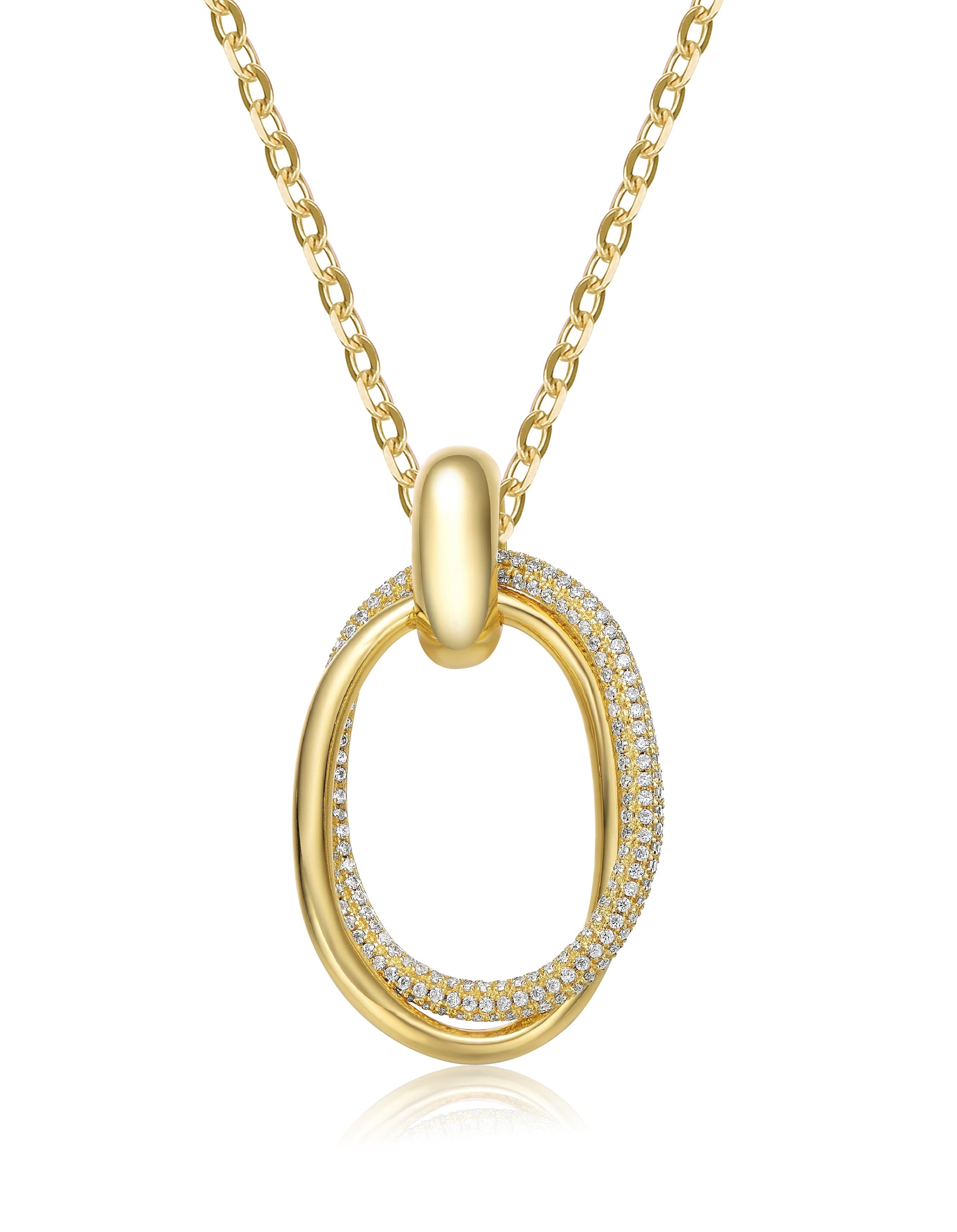 Stunning Gold Plated With Clear Cubic Zirconia Double Entwined Oval Eternity Circle Pendant Necklace