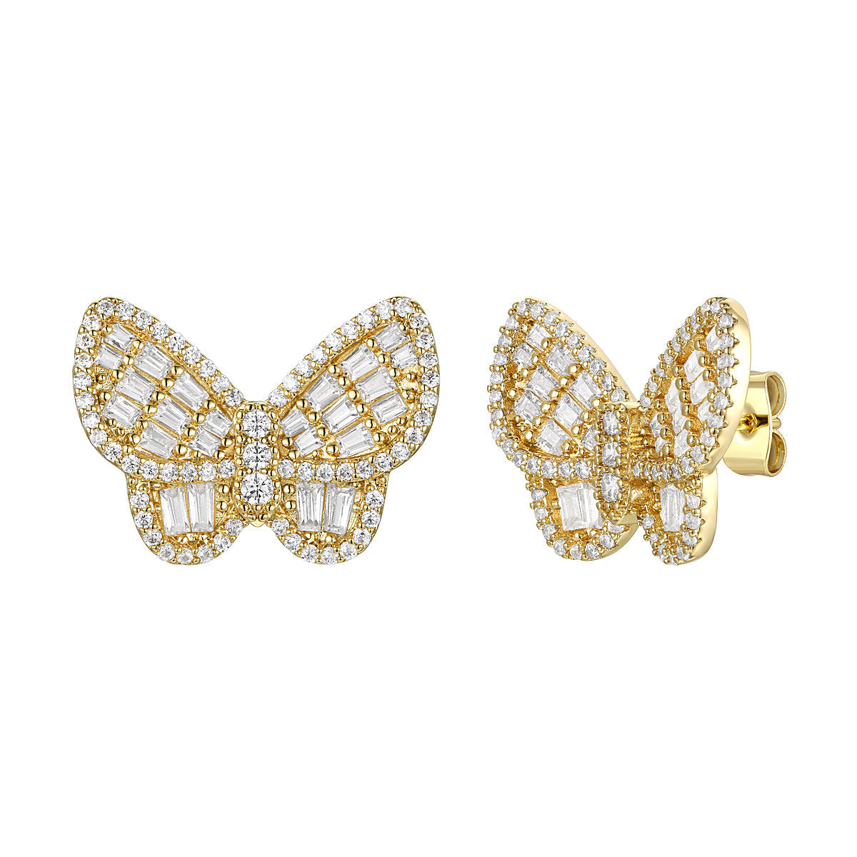 Rachel Glauber Gold Plated Sterling Silver With Diamond Cubic Zirconia Clusters Butterfly Stud Earrings