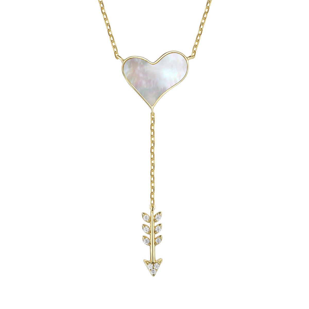 Rachel Glauber Gold Plated With Cubic Zirconia & Mother Of Pearl Cupid’s Arrow Heart Y-Necklace