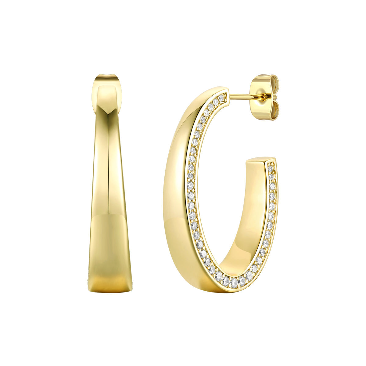 Sterling Silver Gold Plated With Clear Cubic Zirconia Tapered C-Hoop Earrings