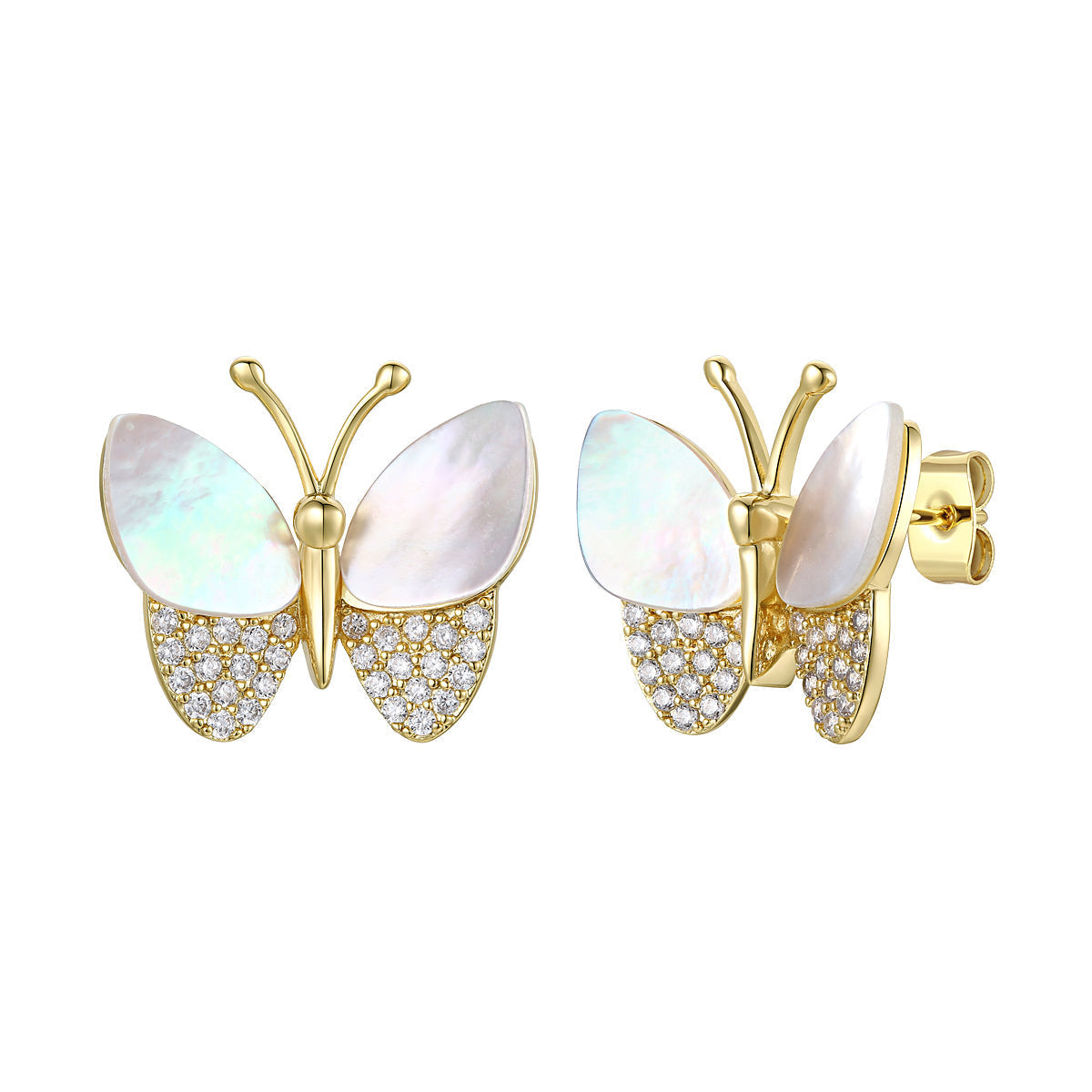 Rachel Glauber Gold Plated Sterling Silver With Mother Of Pearl & Diamond Cubic Zirconia Butterfly Stud Earrings