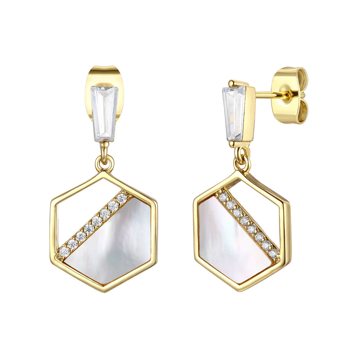 Sterling Silver Gold Plated With Mother Of Pearl & Clear Cubic Zirconia Hexagon Dangle Earrings