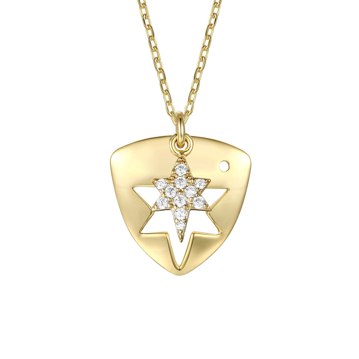 Rachel Glauber Gold Plated With Cubic Zirconia Laser-Cut 6-Pointed Star Triangle Shield Double Pendant Charm Necklace